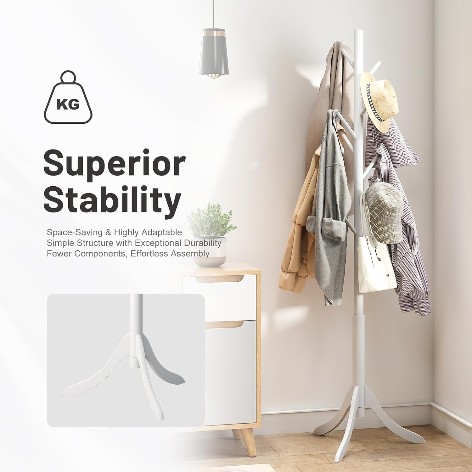 kiplant Coat Rack Stand with 8 Hooks, Adjustable Coat Standing Tree Easy Assembly for Coats, Hats, Scarves and Handbags for Entryway, Hallway, Bedroom, Office (Bamboo, White)