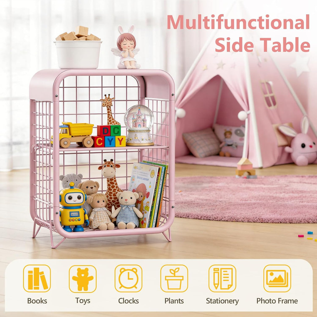 Cute Nightstand, Metal End Table, Side Table with Storage, 3-Tier Narrow End Table for Girls, Small Beside Table for Bedroom, Living Room, Office, Decor, Pink