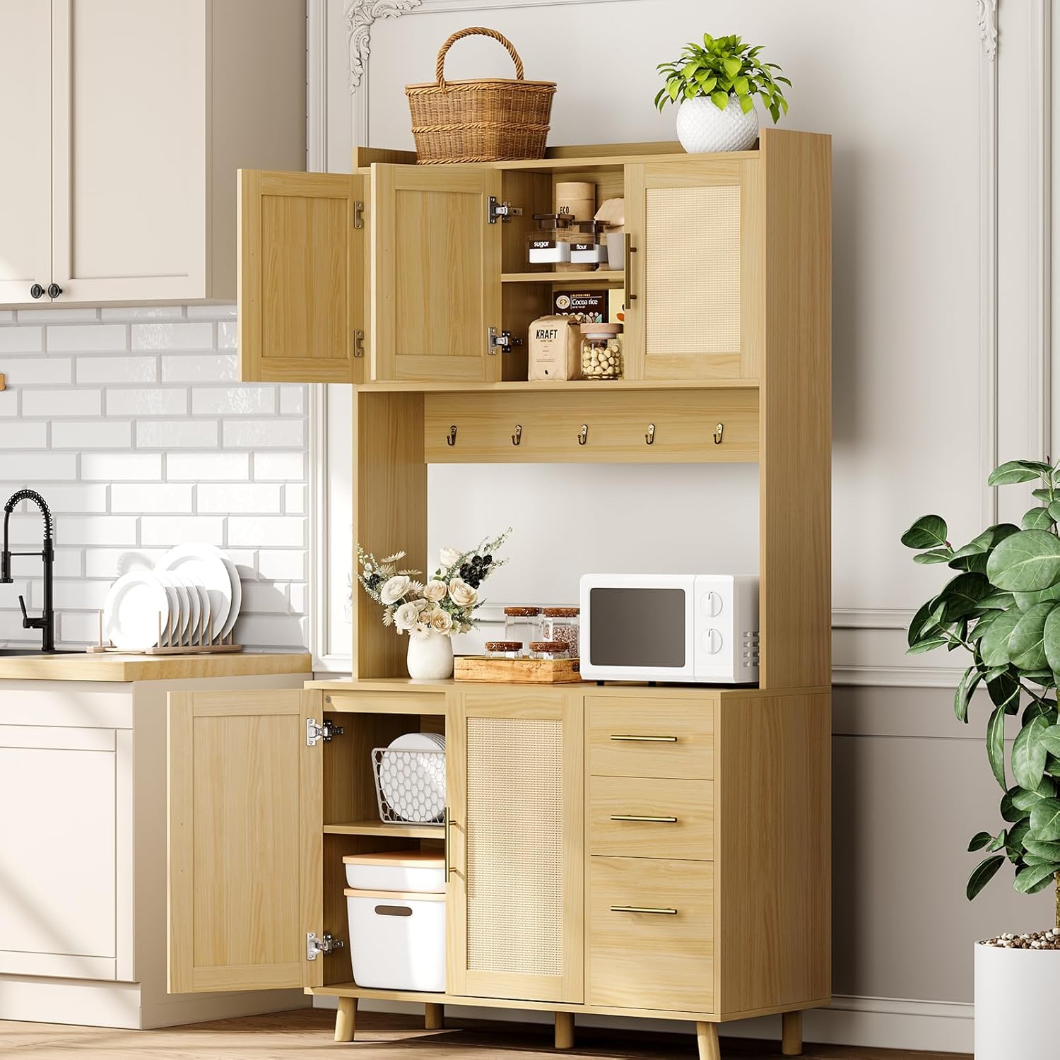 71" Tall Kitchen Pantry Cabinet, Freestanding Rattan Boho Hutch with Microwave Shelf, 3 Drawers & 6 Hooks for Kitchen, Living & Dining Room Storage-Natural