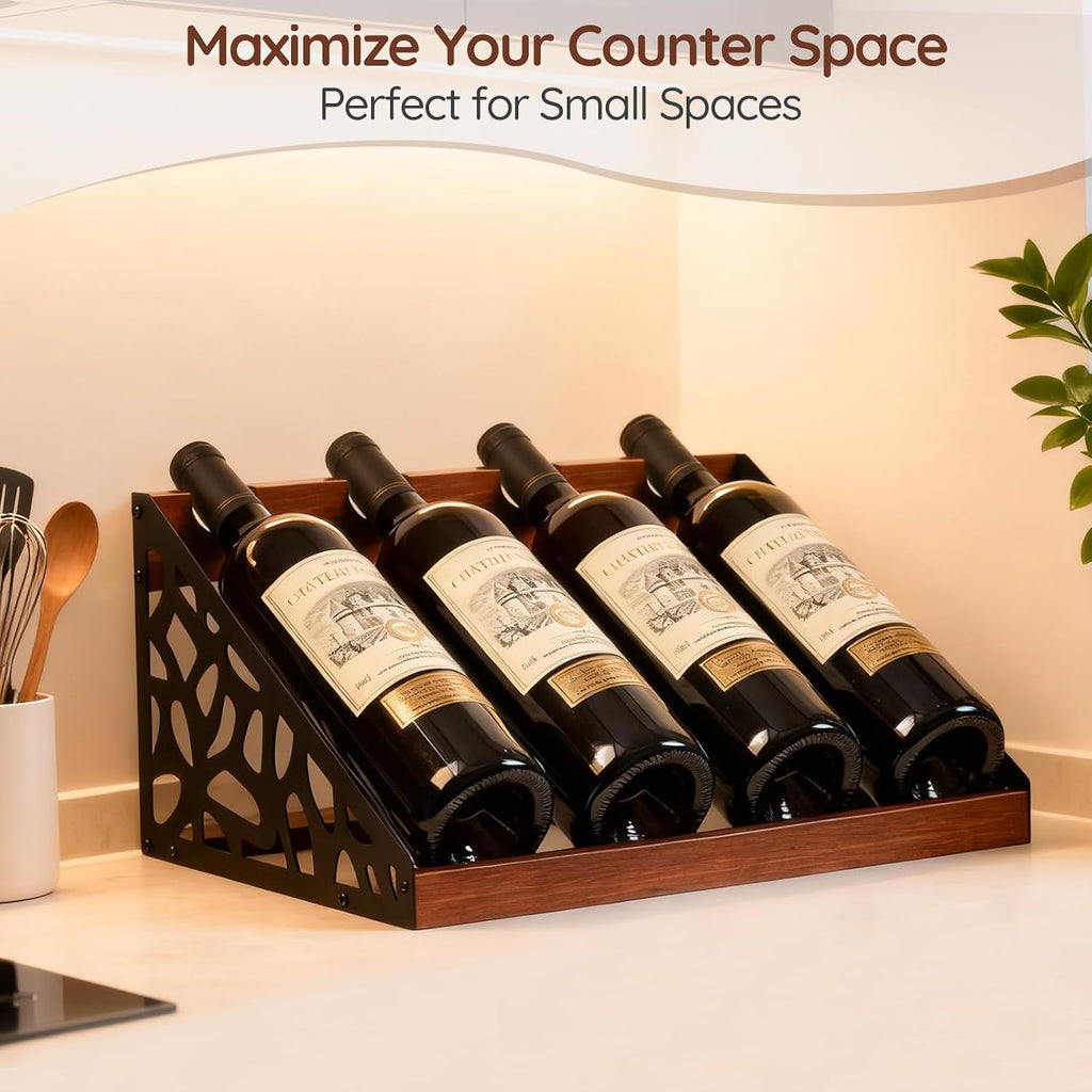 4-Bottle Rustic Countertop Wine Rack, Freestanding Wooden Tabletop Wine Bottle Holder for Cabinet, Pantry, Table, Kitchen