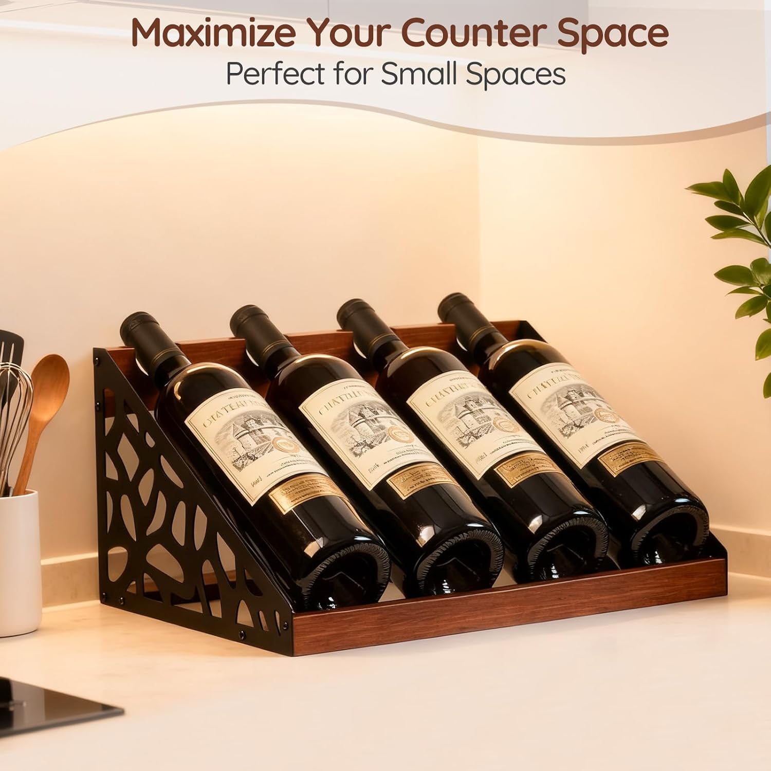 4-Bottle Rustic Countertop Wine Rack, Freestanding Wooden Tabletop Wine Bottle Holder for Cabinet, Pantry, Table, Kitchen