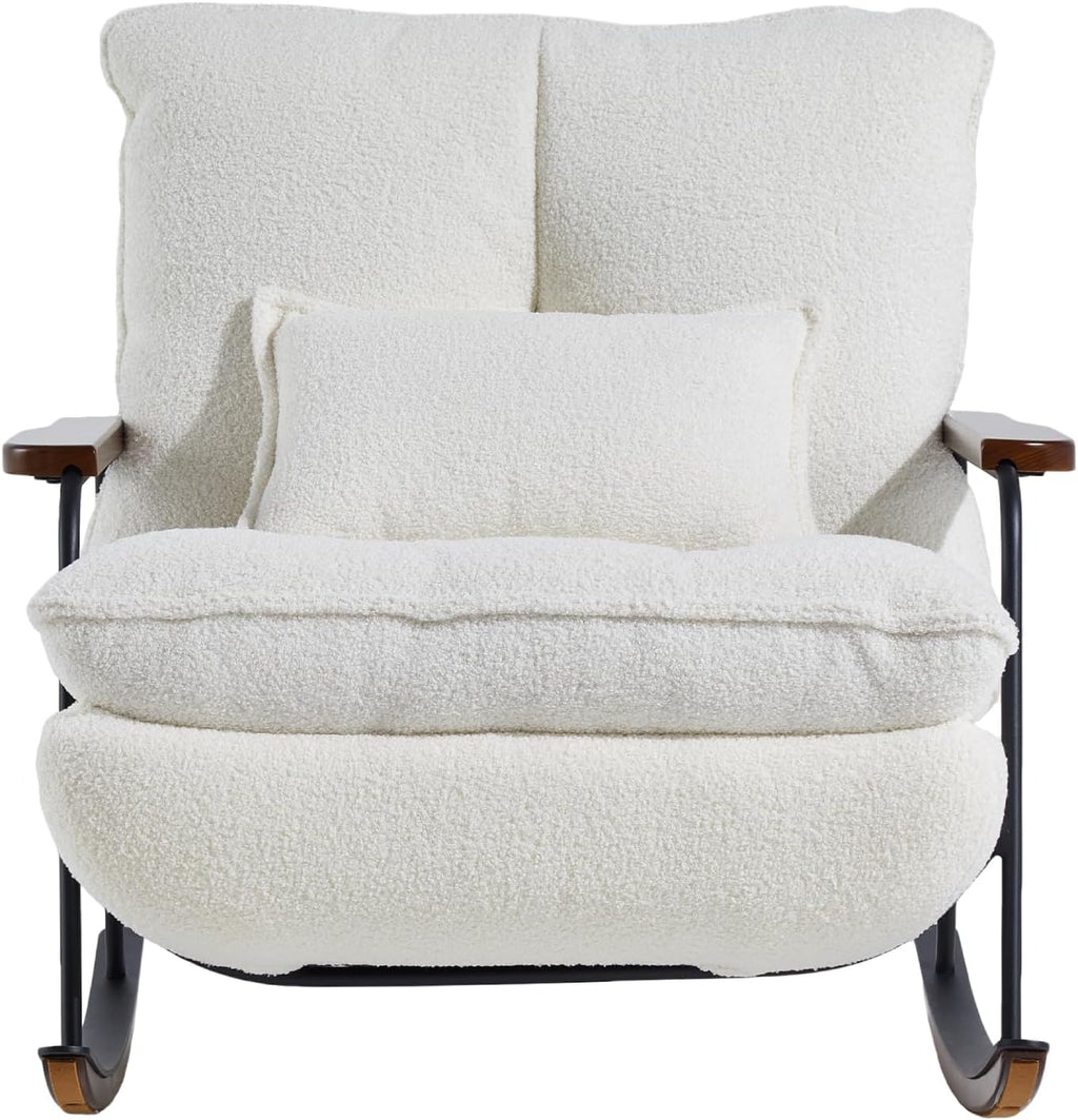 zyz Oversized Nursery Rocking Chair with Pillow, Teddy Upholstered Rocker Chair with Solid Wood & Steel Frame, 25° Gentle Rocking Accent Chair with DIY Ottoman Footrest for Living Room Bedroom, White