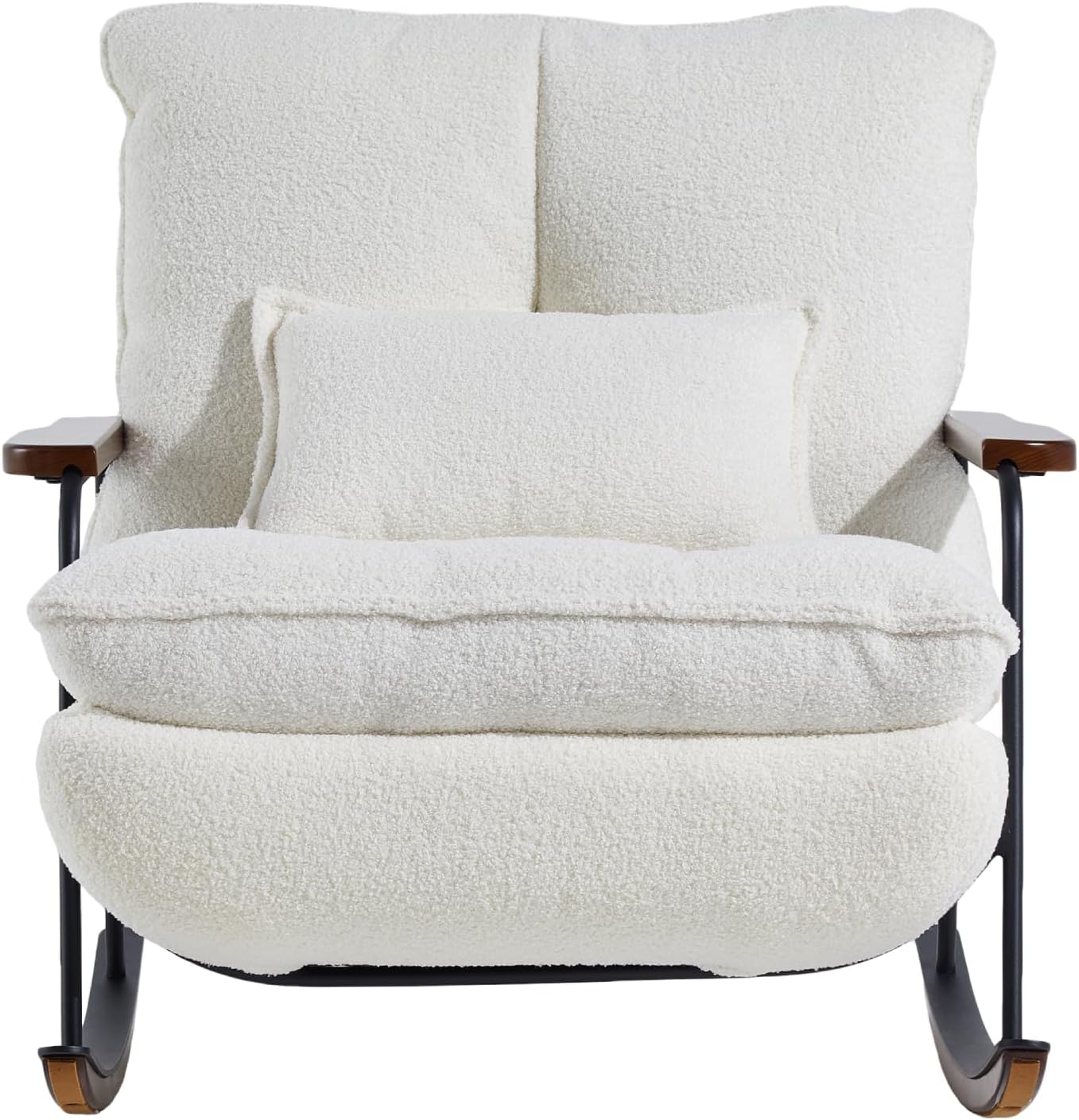 zyz Oversized Nursery Rocking Chair with Pillow, Teddy Upholstered Rocker Chair with Solid Wood & Steel Frame, 25° Gentle Rocking Accent Chair with DIY Ottoman Footrest for Living Room Bedroom, White