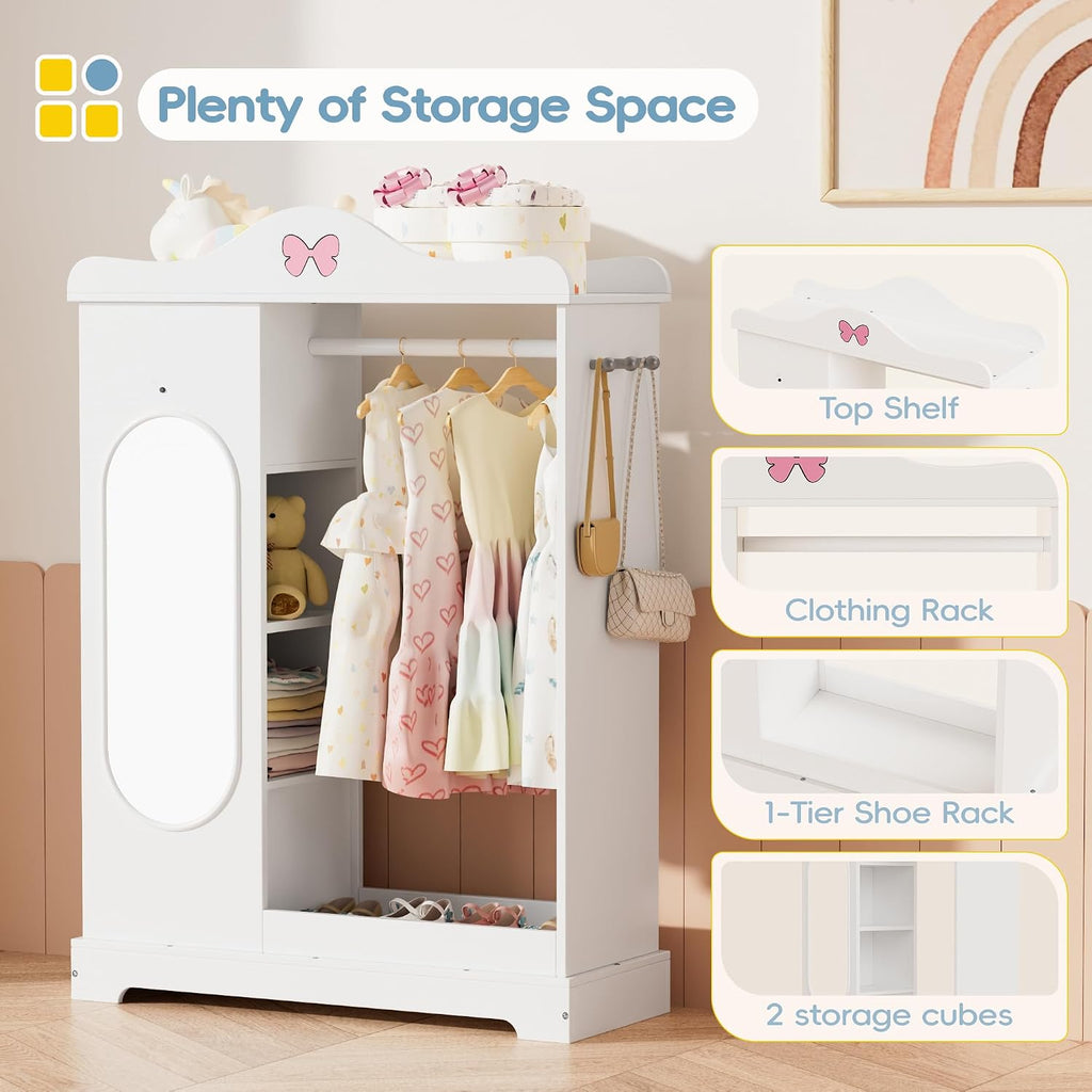 Kids Armoire with Jewelry Cabinet, Kids Dress Up Storage wth Shelves, Girls Wardrode Costume Organizer with Mirror, Children Closet with Armoire (White)