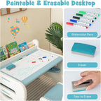 Costzon Toddler Table and Chair Set, Plastic Activity Desk w/Whiteboard, Watercolor Pens, Blackboard Eraser & Storage Shelf for Drawing Reading Dinning, Kids Table and Chair (Blue)