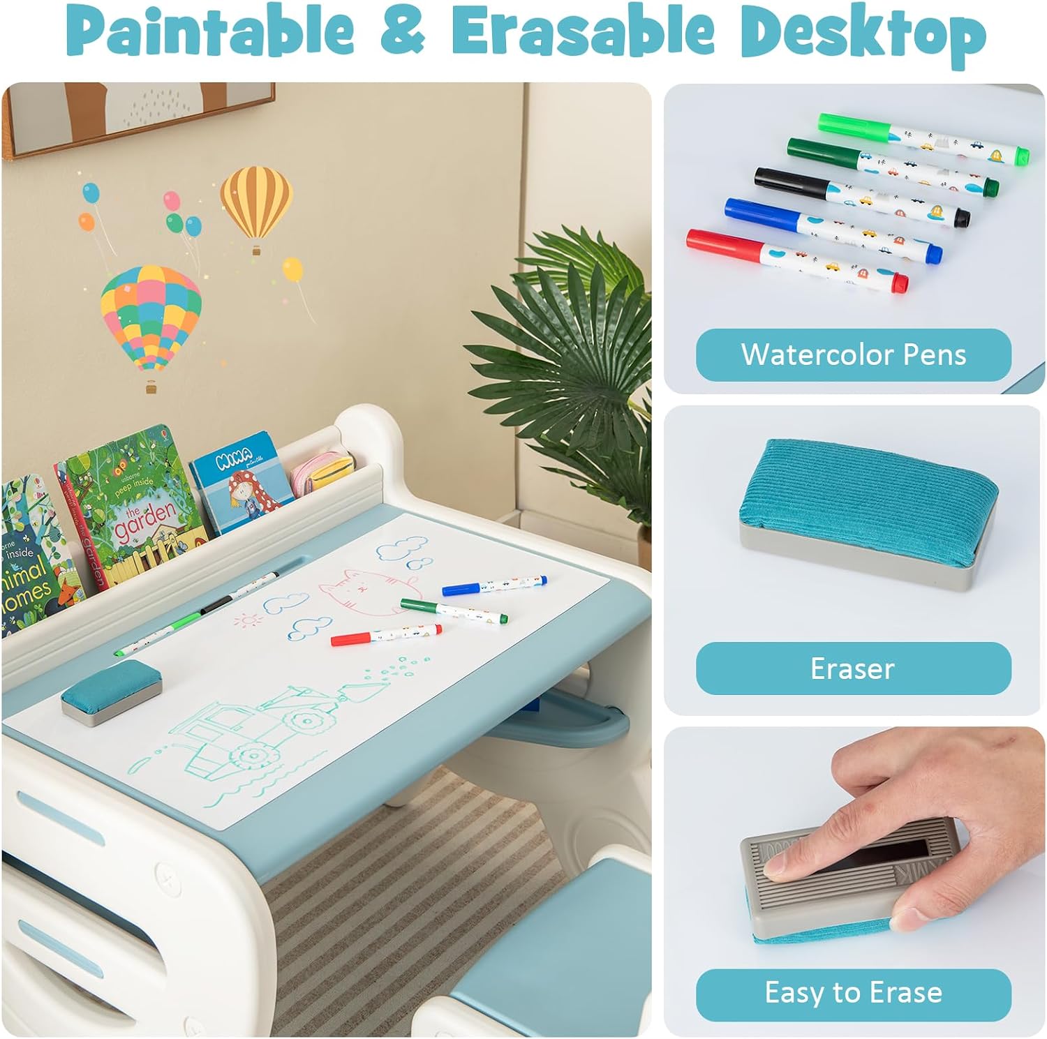 Costzon Toddler Table and Chair Set, Plastic Activity Desk w/Whiteboard, Watercolor Pens, Blackboard Eraser & Storage Shelf for Drawing Reading Dinning, Kids Table and Chair (Blue)