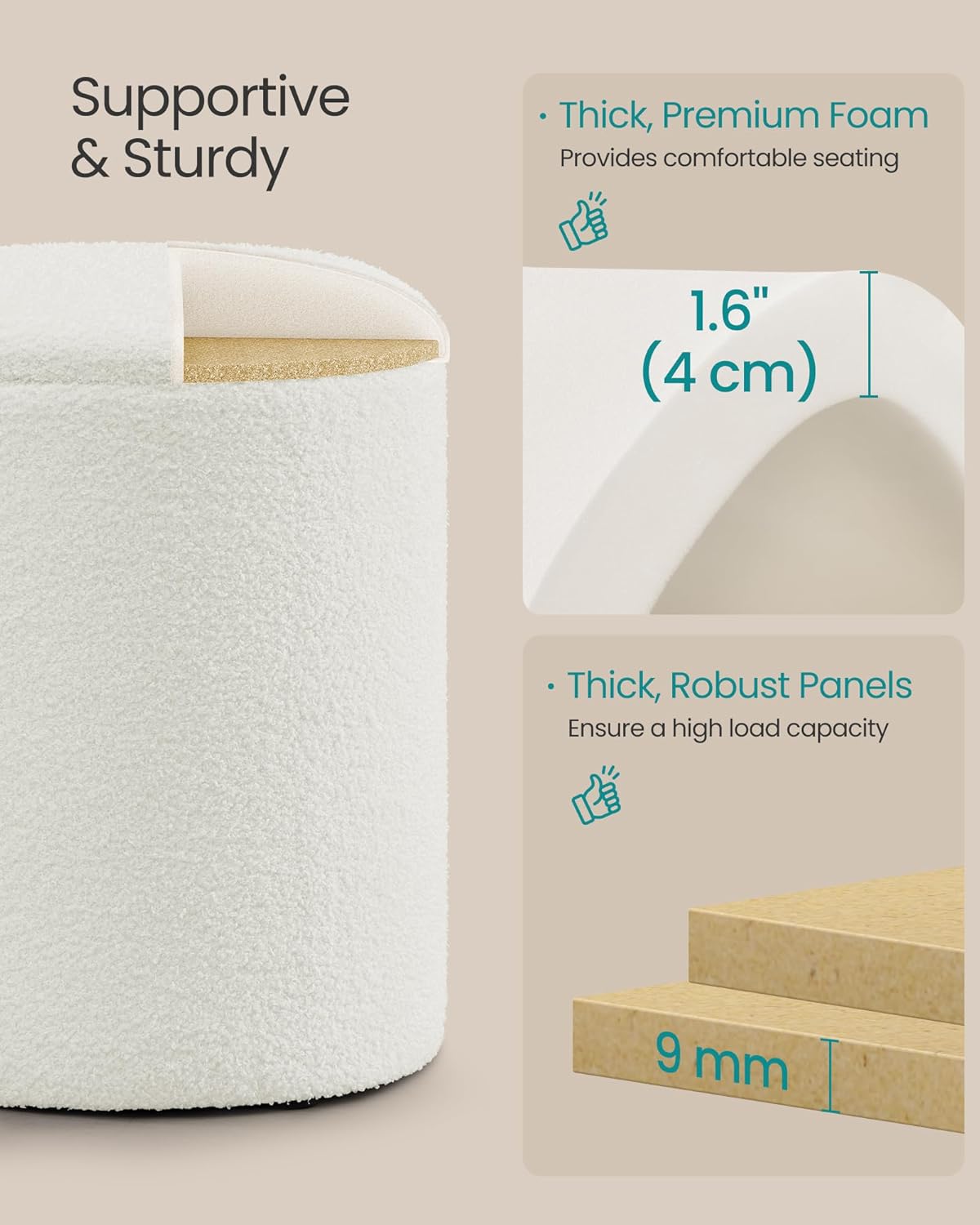 SONGMICS Vanity Stool, Set of 2, Round Storage Ottoman, Small Ottoman Coffee Table, Foot Stool, Removable Lid, for Living Room, Bedroom, Hallway, Easy Assembly, Teddy Fleece, Cream White ULOM013WD01