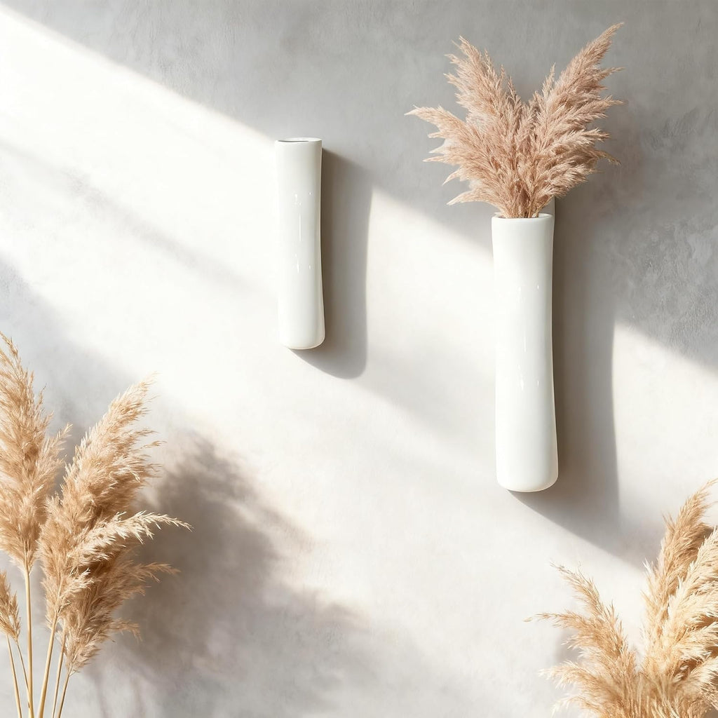 Set of 2 Wall Ceramic Vase, White Matte Hanging Wall Vase, Modern Minimalist Ceramic Vases for Dried or Fresh Flowers, Easy Mount Decor for Living Room & Entryway