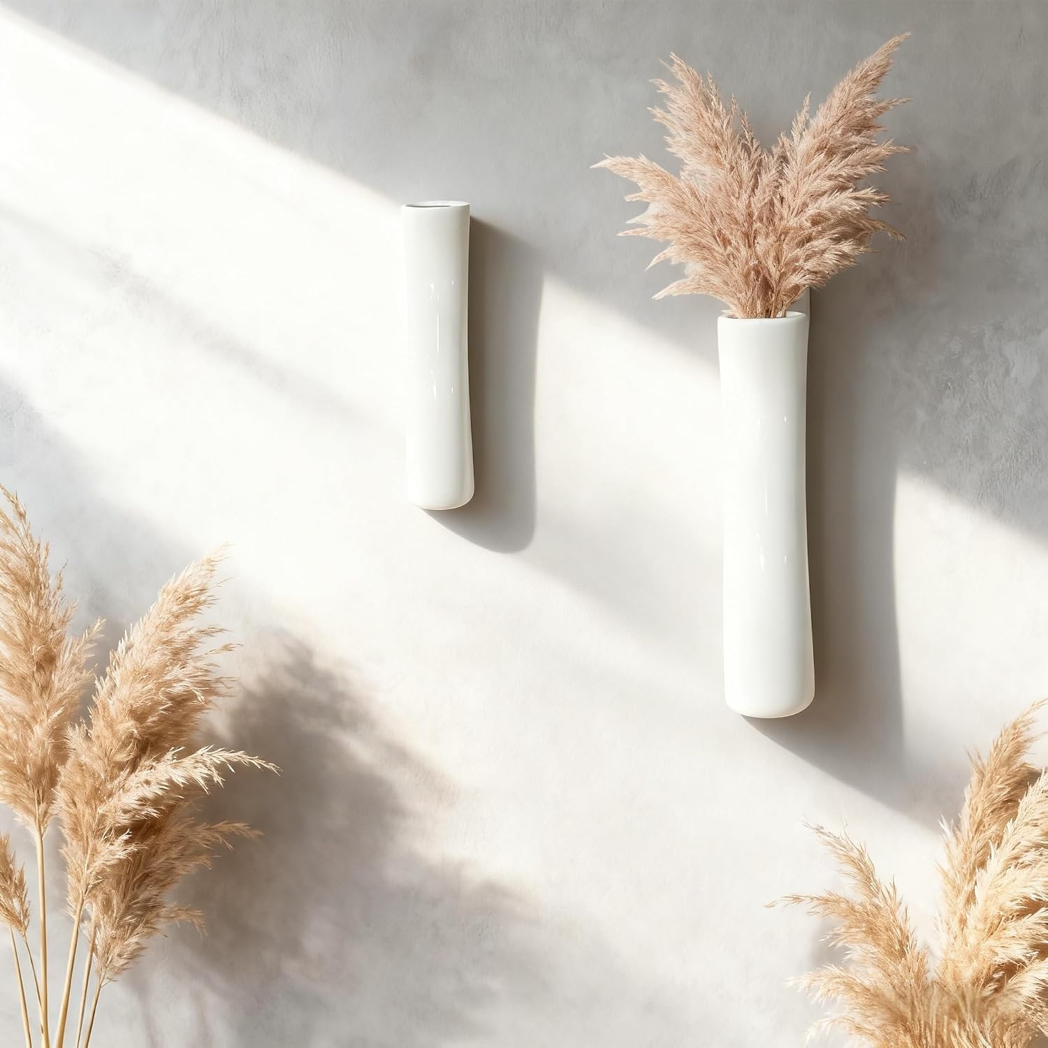 Set of 2 Wall Ceramic Vase, White Matte Hanging Wall Vase, Modern Minimalist Ceramic Vases for Dried or Fresh Flowers, Easy Mount Decor for Living Room & Entryway