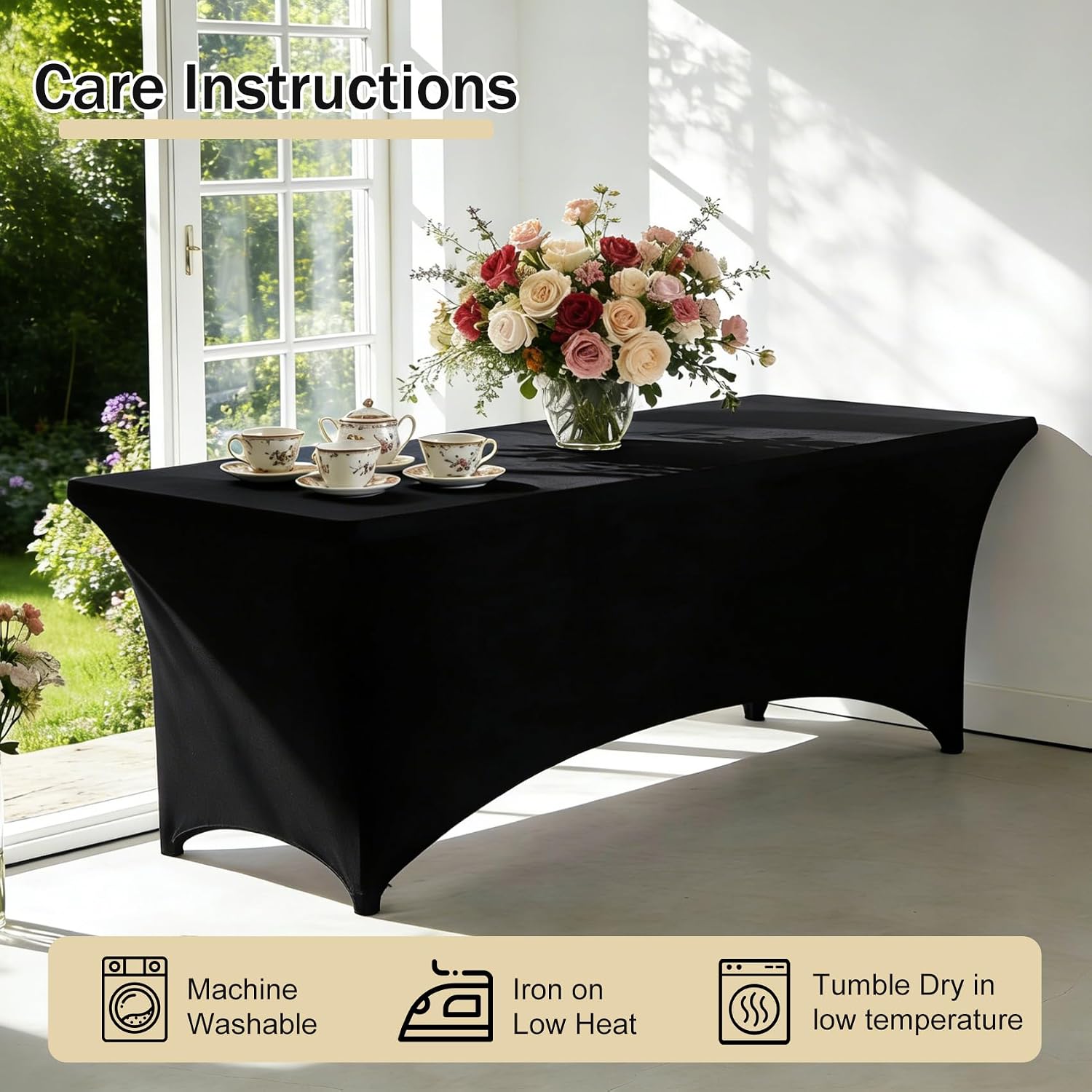 1 Set 6 FT Rectangle Folding Table with Carrying Handle, Lightweight Fold-in-Half Utility Table, with Matching Black Stretch Spandex Covers, Ideal for Weddings, Parties, Camping, Banquets, Crafts