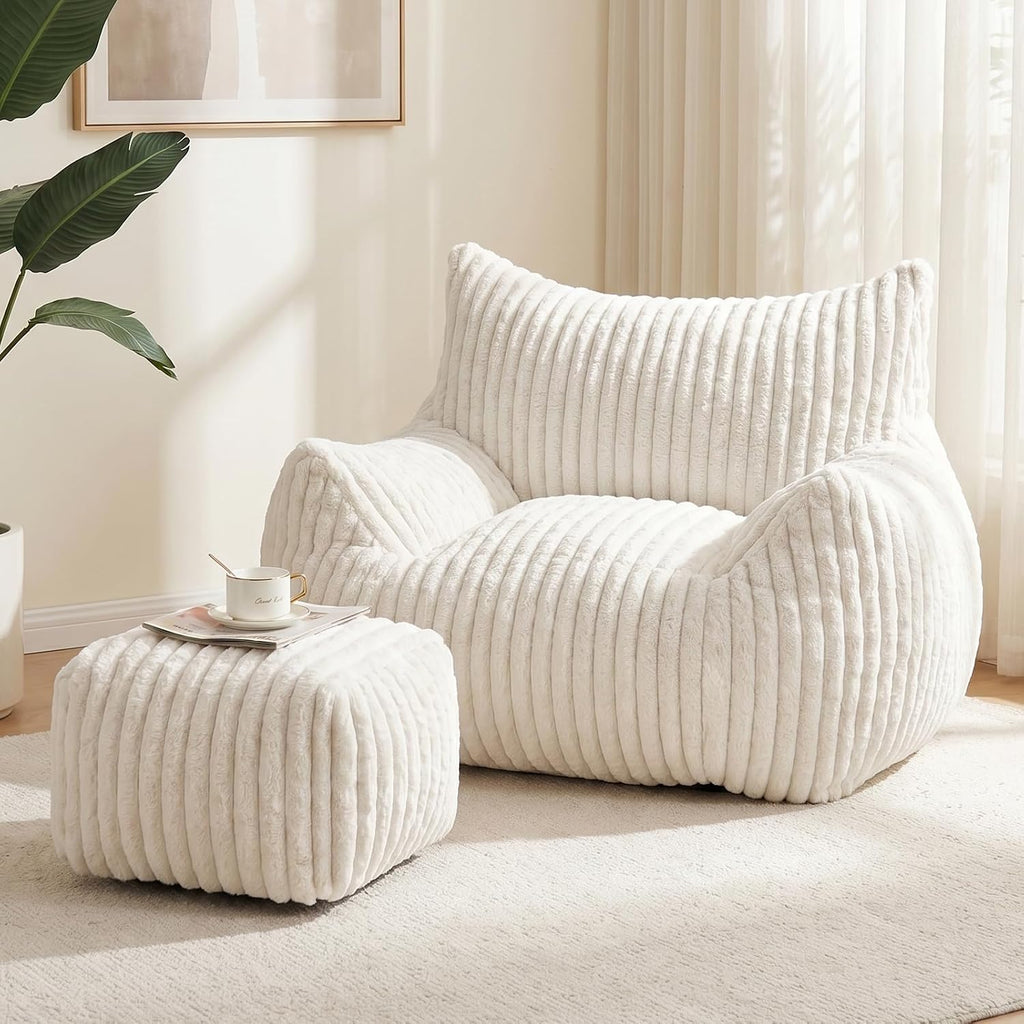 Giant Plush Bean Bag Chairs for Adults & Kids, Large Comfy Reading Chair for Bedroom with Ottoman Footrest, Accent Chairs for Living Room, Cozy Fluffy Single Cloud Couch,White