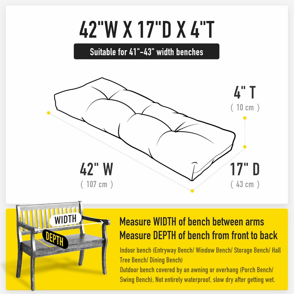 SUNROX LokGrip Non Slip Tufted Memory Foam Bench Cushion, FadeShield Water Resistant Durable Thicken Outdoor/Indoor Bench Seat Pads 42x16x4 inch, Seaside Breeze