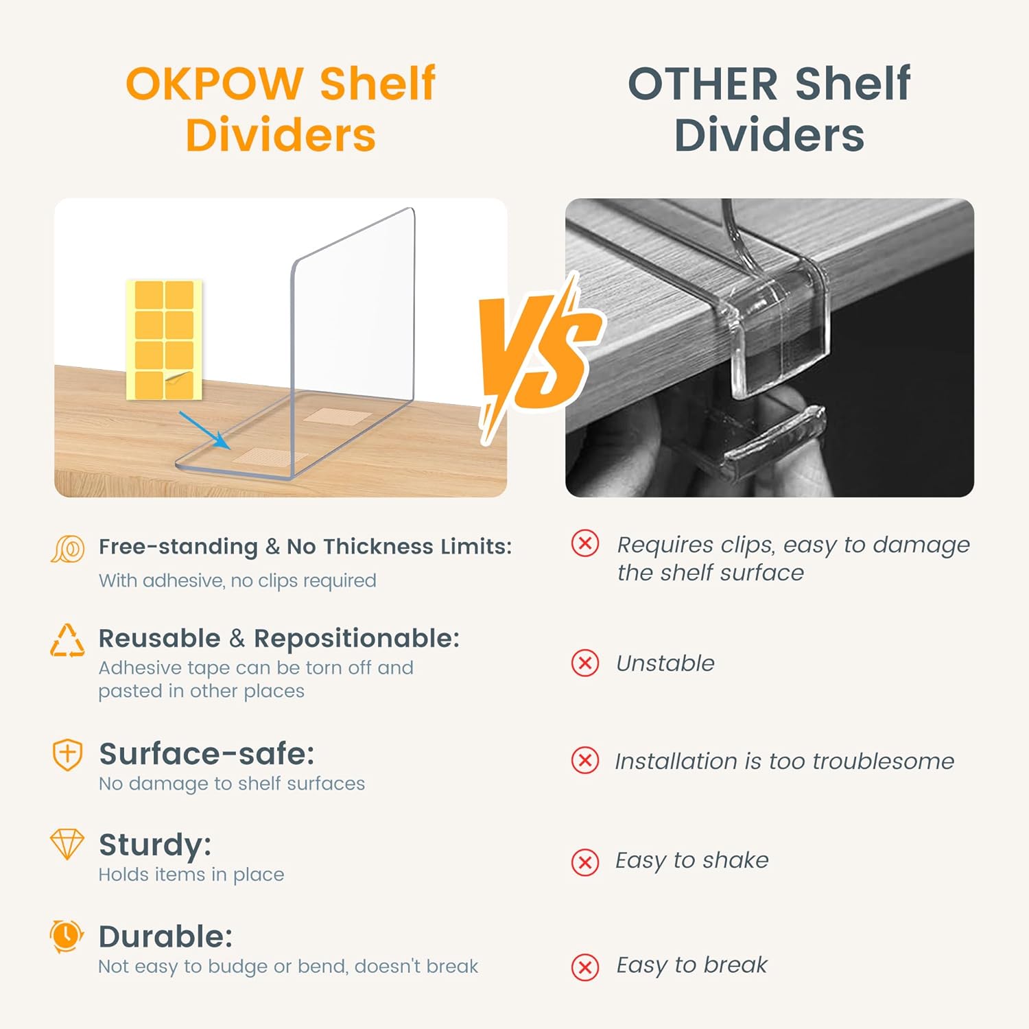 OKPOW Shelf Dividers for Closet Organization – Keep Sweaters & Purses Upright, Clear Acrylic Separators for Most Wood Shelves & Pantry, Damage-Free, Sturdy & Tall (10" x 12", 8 Pack)