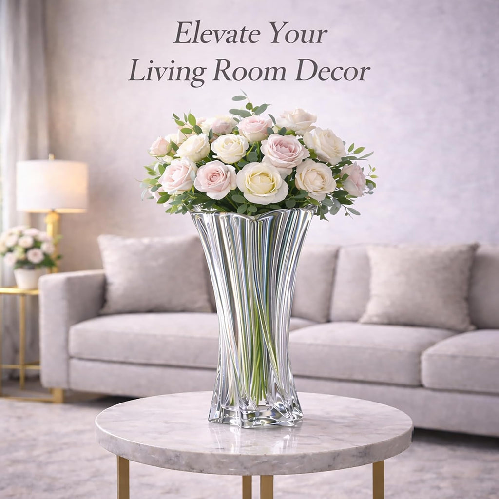 Crystal Glass Vase – Heavy Crystal Vase for Flowers with Weighted Bottom, Thick Durable Decorative Vases for Modern Home Decor, 9.8″ 3.5lb Clear Centerpiece (Transparent)