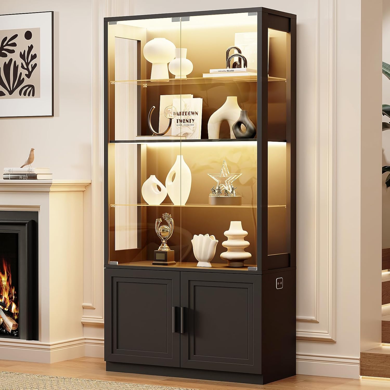 BROTTAR 67" Display Cabinet with Glass Doors, 4-Tier Curio Cabinet with 2 Removable Glass Shelves, Display Case for Collectibles, Black