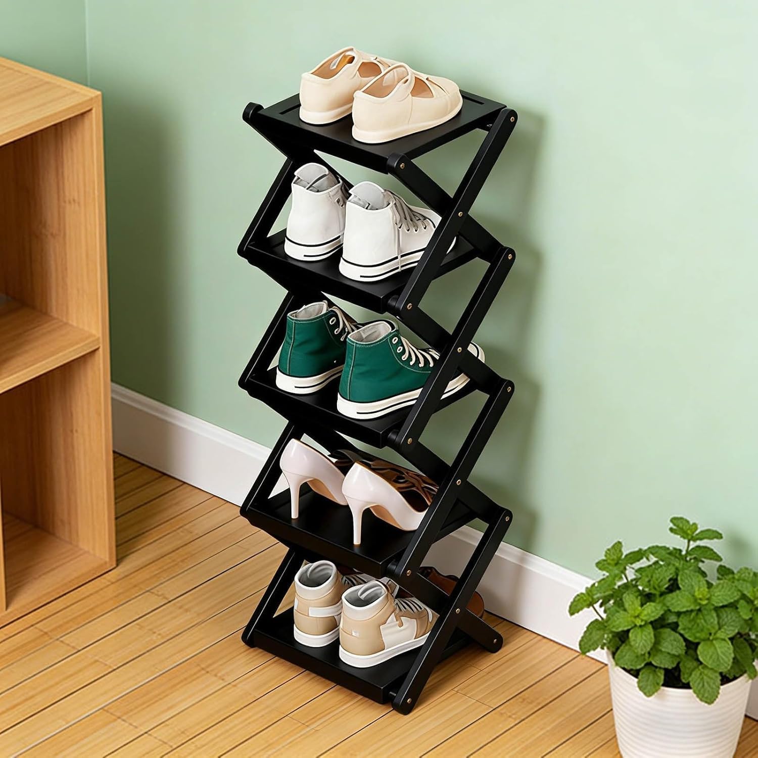 Foldable Bamboo Rack for Shoes, Tall Narrow Vertical Shoe Organizer, Space-Saving Multifunctional Shelf with Strong Load-Bearing for Entryway Corner Bedroom (Brown) Black_5 Layers 2-8 Layers