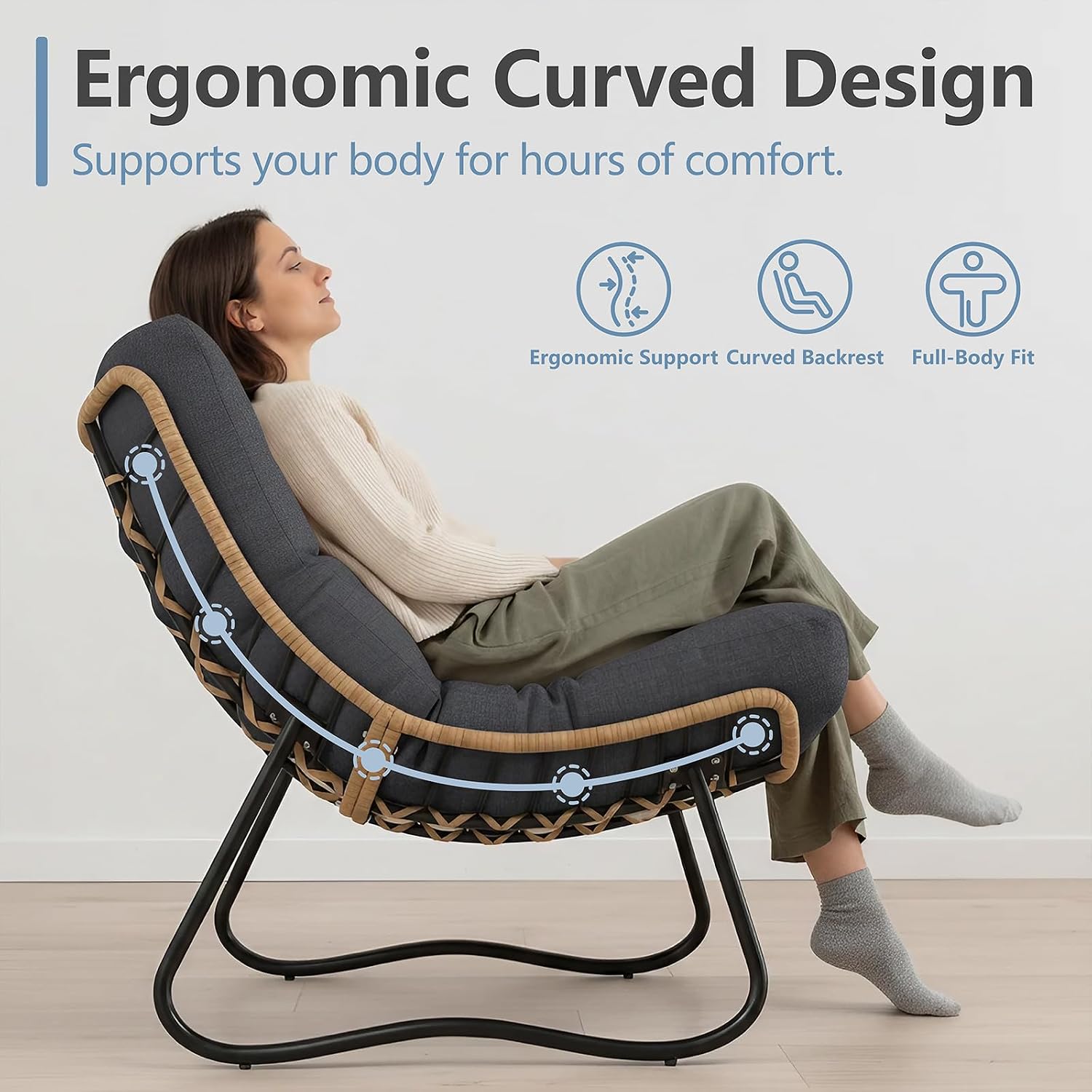 SWITTE Outdoor Papasan Loveseat, Oversized Double Wicker Egg Chair with Cushion, All-Weather Rattan 2-Seater Patio Lounge Chair for Balcony, Backyard, Poolside, Porch, Charcoal