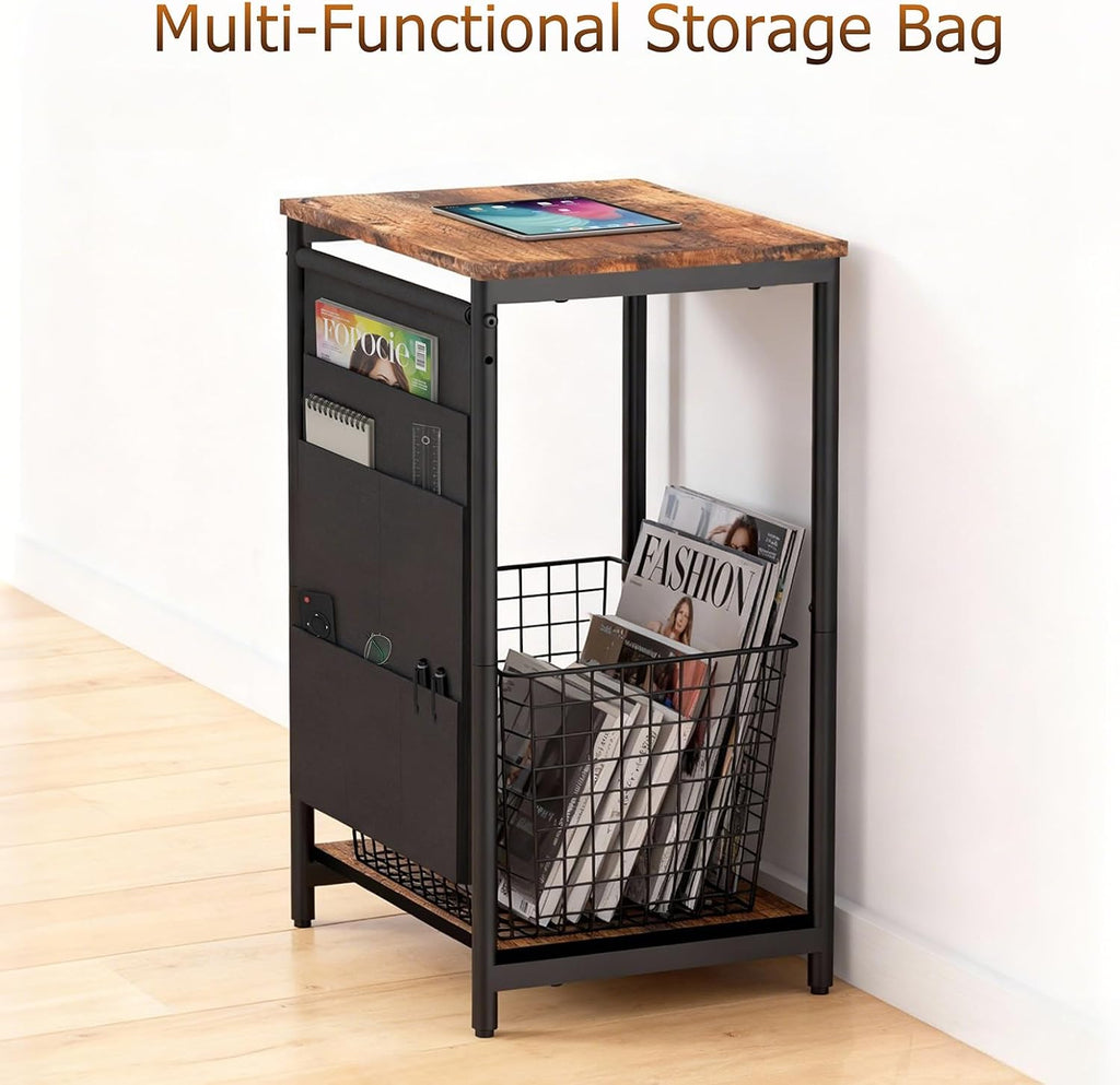 Small Narrow Side Table,Slim End Table with Storage Pockets for Small Spaces,Living Room,Bedroom,Sofa Couch,Office,Skinny Nightstands with 2 Tiers Open Storage,Rustic Brown