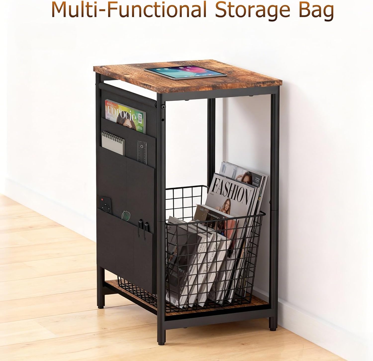 Small Narrow Side Table,Slim End Table with Storage Pockets for Small Spaces,Living Room,Bedroom,Sofa Couch,Office,Skinny Nightstands with 2 Tiers Open Storage,Rustic Brown