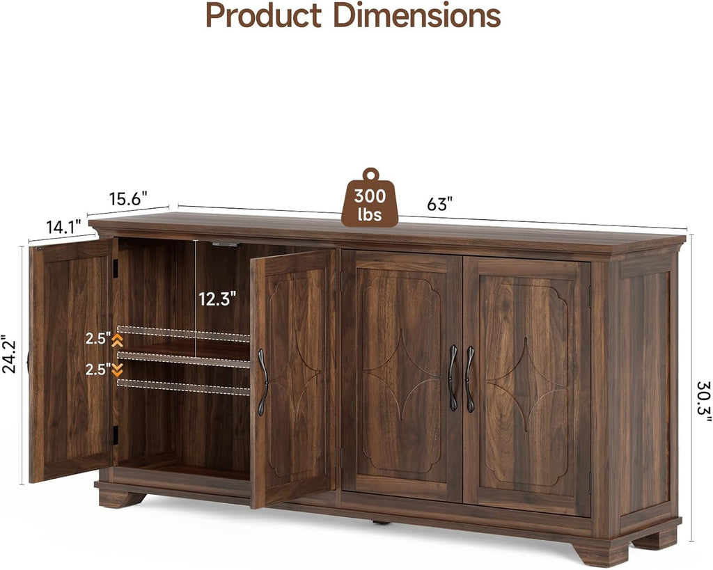 ONBRILL 63 Inch Buffet Cabinet with Storage, Large Sideboard Cabinet with 4 Carved Doors, Modern Credenza Storage Cabinets w/Adjustable Shelves for Kitchen, Living Room, Brown