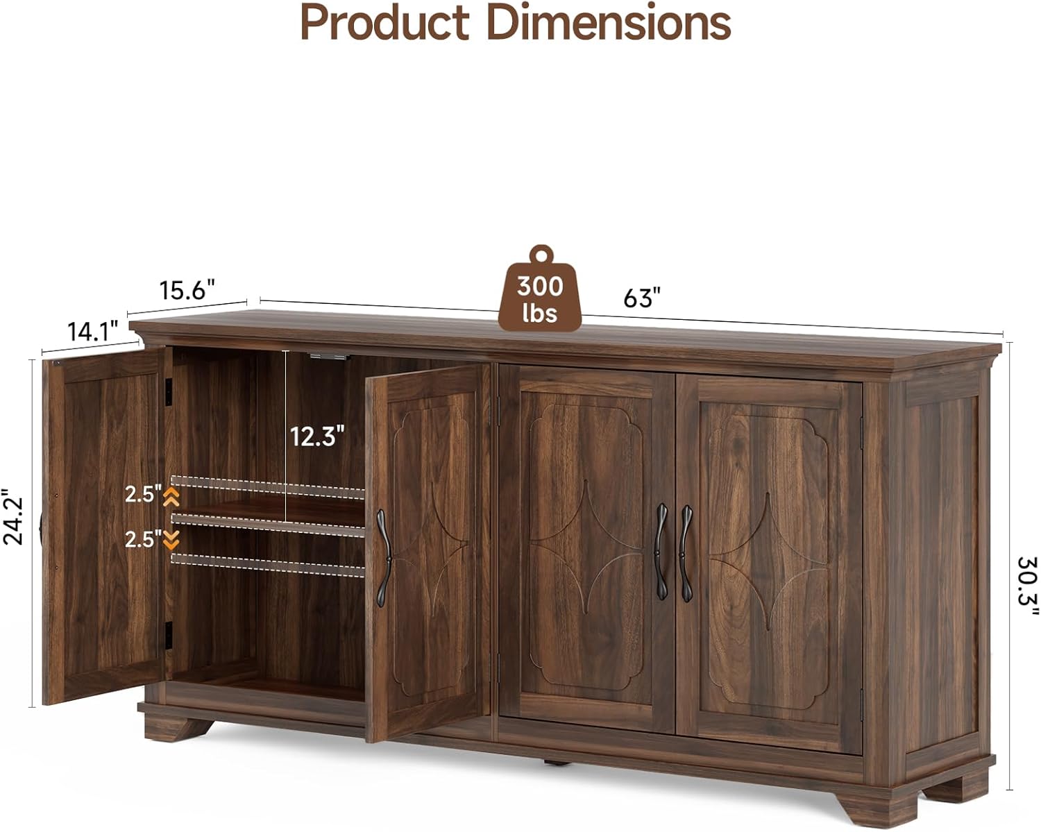ONBRILL 63 Inch Buffet Cabinet with Storage, Large Sideboard Cabinet with 4 Carved Doors, Modern Credenza Storage Cabinets w/Adjustable Shelves for Kitchen, Living Room, Brown