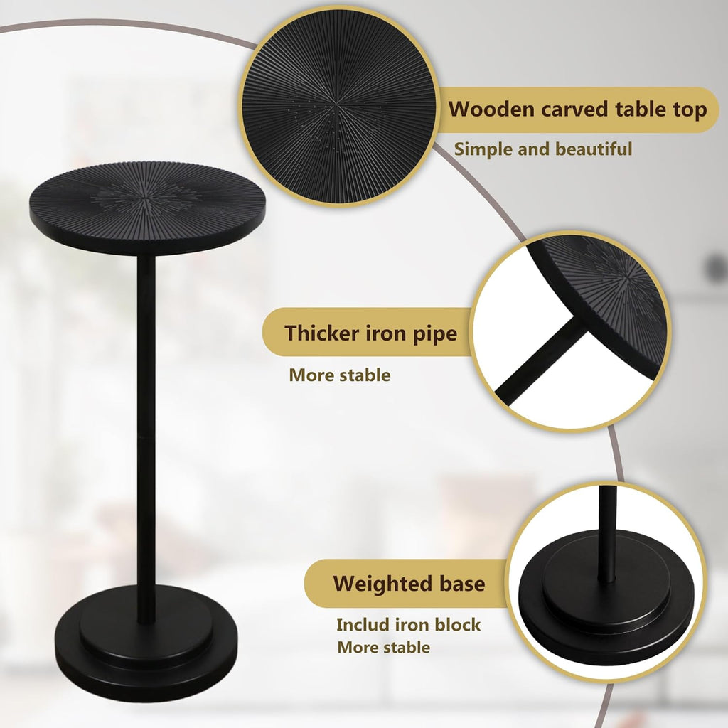 COVLON Drink Table, Carved Table Top Martini Table, Small Side Table, Weighted Base Pedestal Table for Living Room, Bedroom, Small Space, Modern, Black