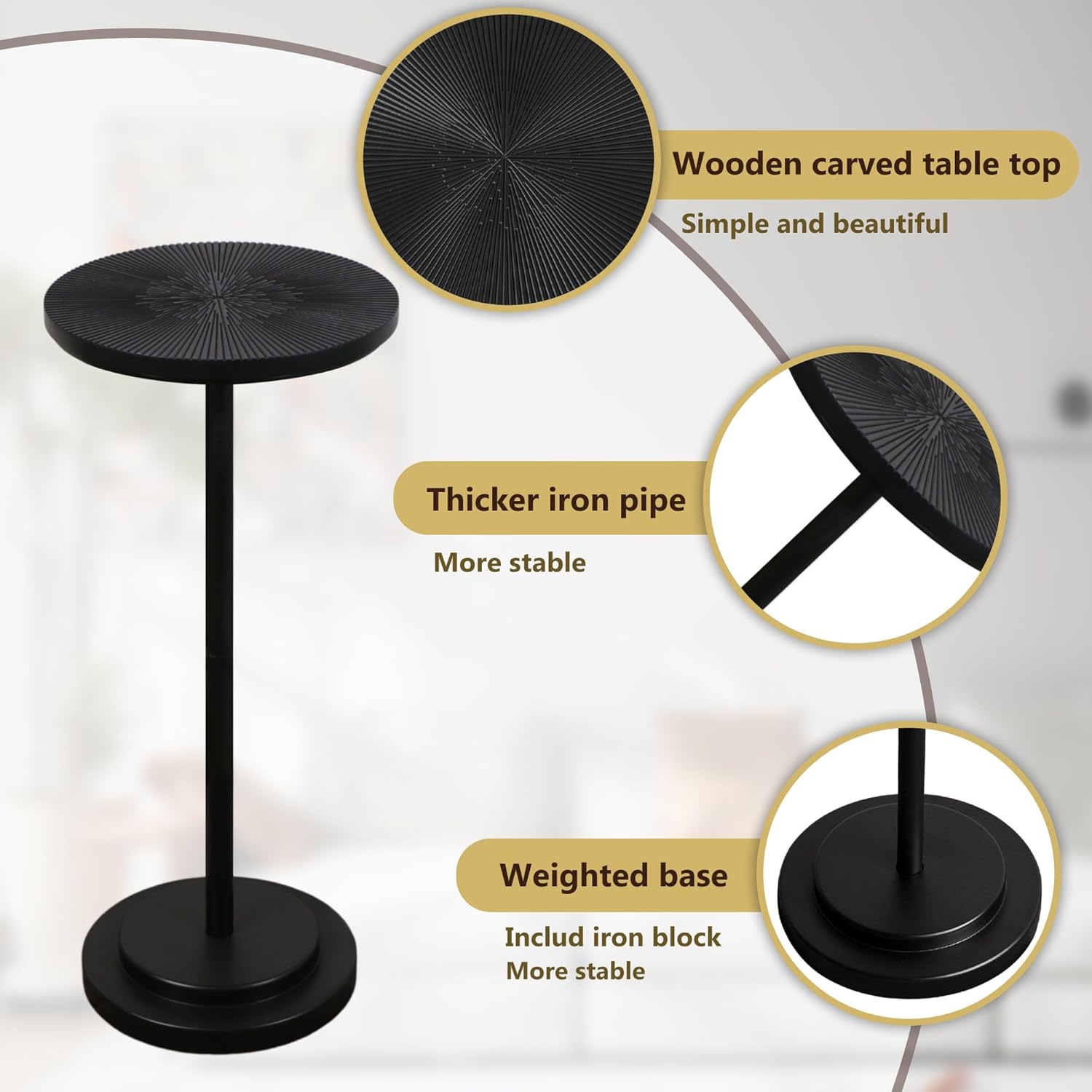 COVLON Drink Table, Carved Table Top Martini Table, Small Side Table, Weighted Base Pedestal Table for Living Room, Bedroom, Small Space, Modern, Black
