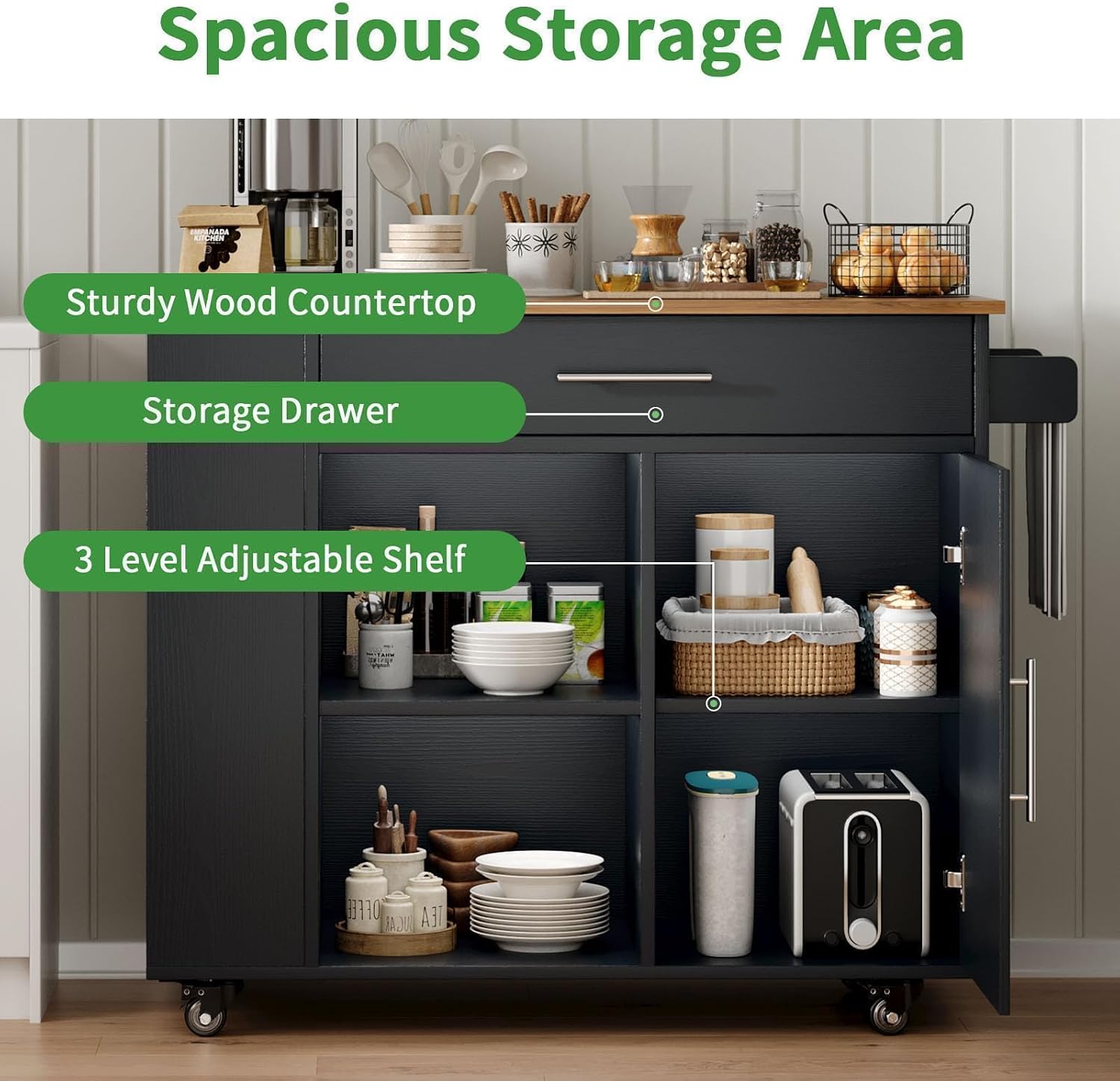 4 EVER WINNER 39" Rolling Kitchen Island with Storage and Drawer, Farmhouse Kitchen Island on Wheels with 3-Tier Spice Rack, Adjustable Shelf & Towel Rack, Mobile Kitchen Cart for Small Space, Black