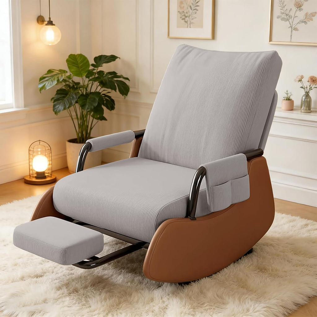 Rocking Chair Nursery, Comfortable Upholstered Recliner Rocker with Foot Rest, Side Pocket and Adjustable High Backrest, Soft Corduroy Modren Rocking Chair Living Room Bedroom, Grey