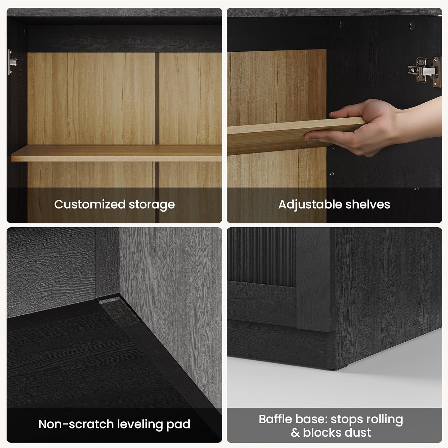 ModernMate Arched Sideboard Cabinet, Black Wood Grain Buffet Table with Wave-Panel Doors and Soft-Close Hinges, 31" Modular Storage Credenza for Entryway, Hallway & Living Room