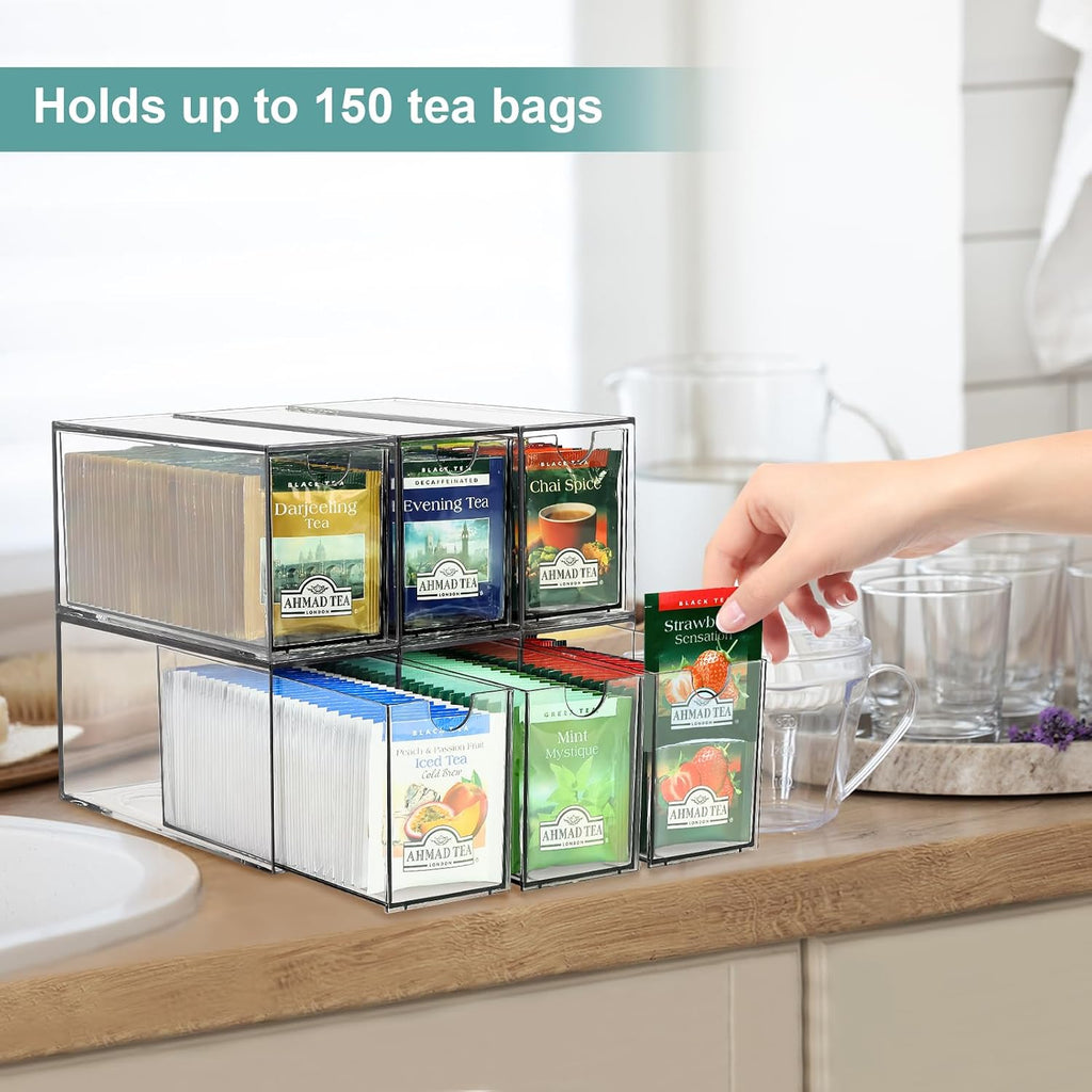 6 Tea Bag Organizer and Storage, Acrylic Tea Bag Holder Organizer, Plastic Tea Drawer Container for Cabinet