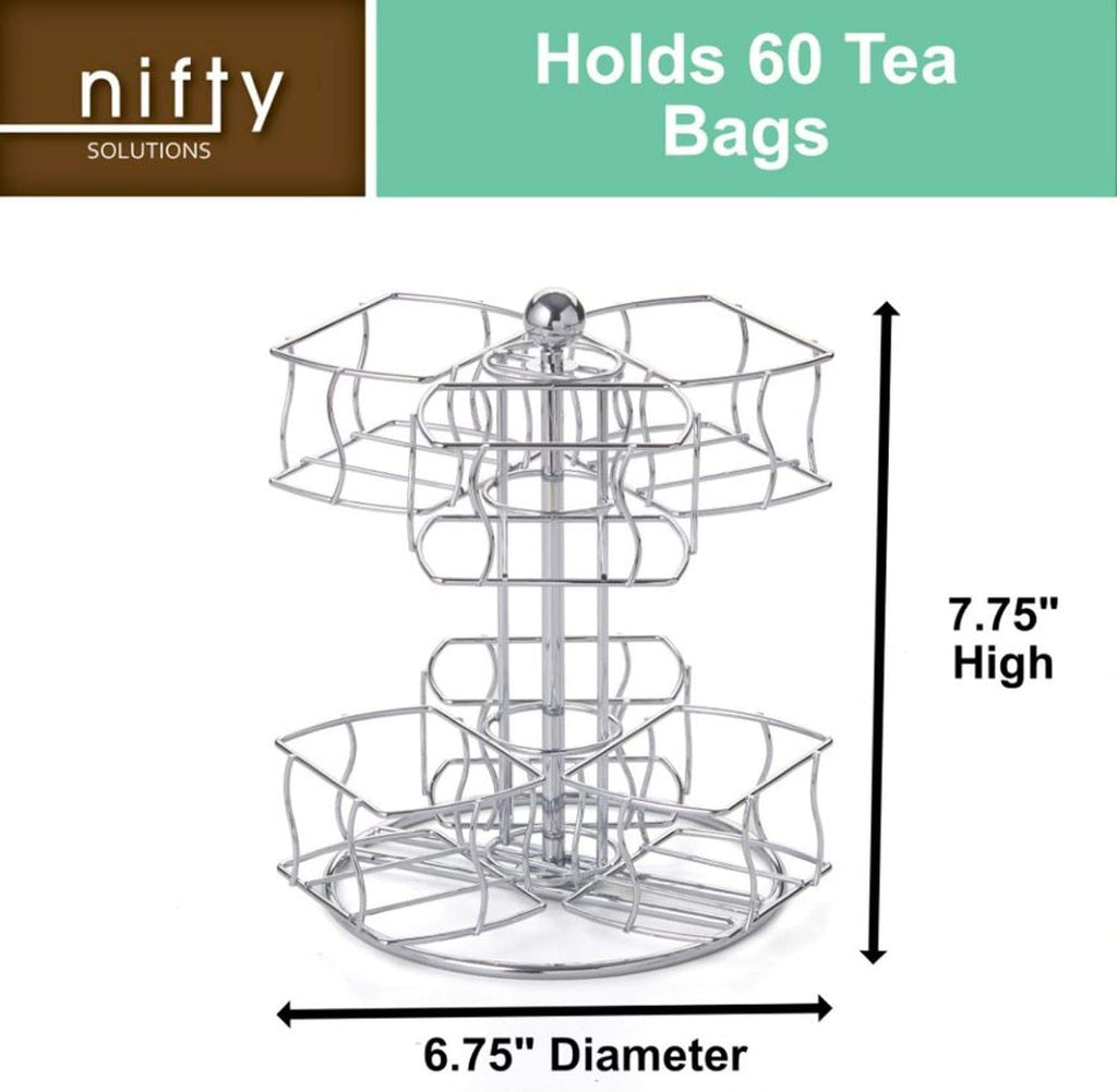 Nifty Tea Bag Spinning Carousel – 6 Compartments, Up to 60 Tea Bags Storage, Spins 360-Degrees, Lazy Susan Platform, Modern Chrome Design, Home or Office Kitchen Counter Organizer