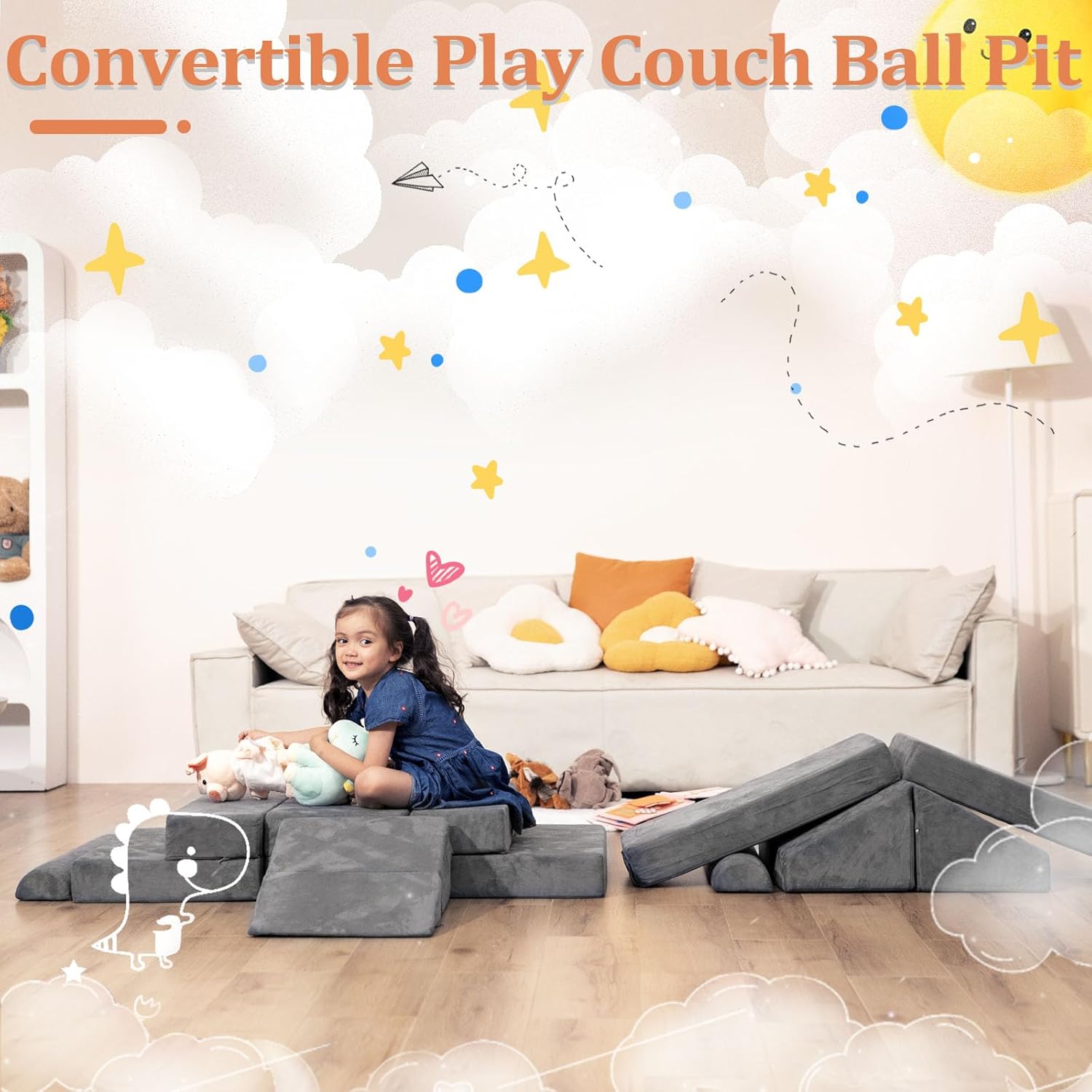 LOAOL Modular Kids Play Couch, Soft Foam Kids Couch, Convertible Playroom Furniture Indoor, Creative Open Ended Play for Boys and Girls, Washable & Removable Cover