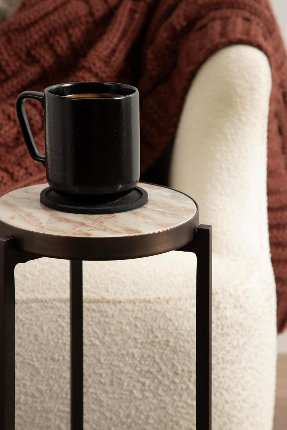 Kate and Laurel Aguilar Modern Round Drink Table, 9 x 9 x 23, Brown Marble and Bronze, Genuine Toronto Marble Accent Table for Use as Indoor Plant Stand or Pedestal Martini Table