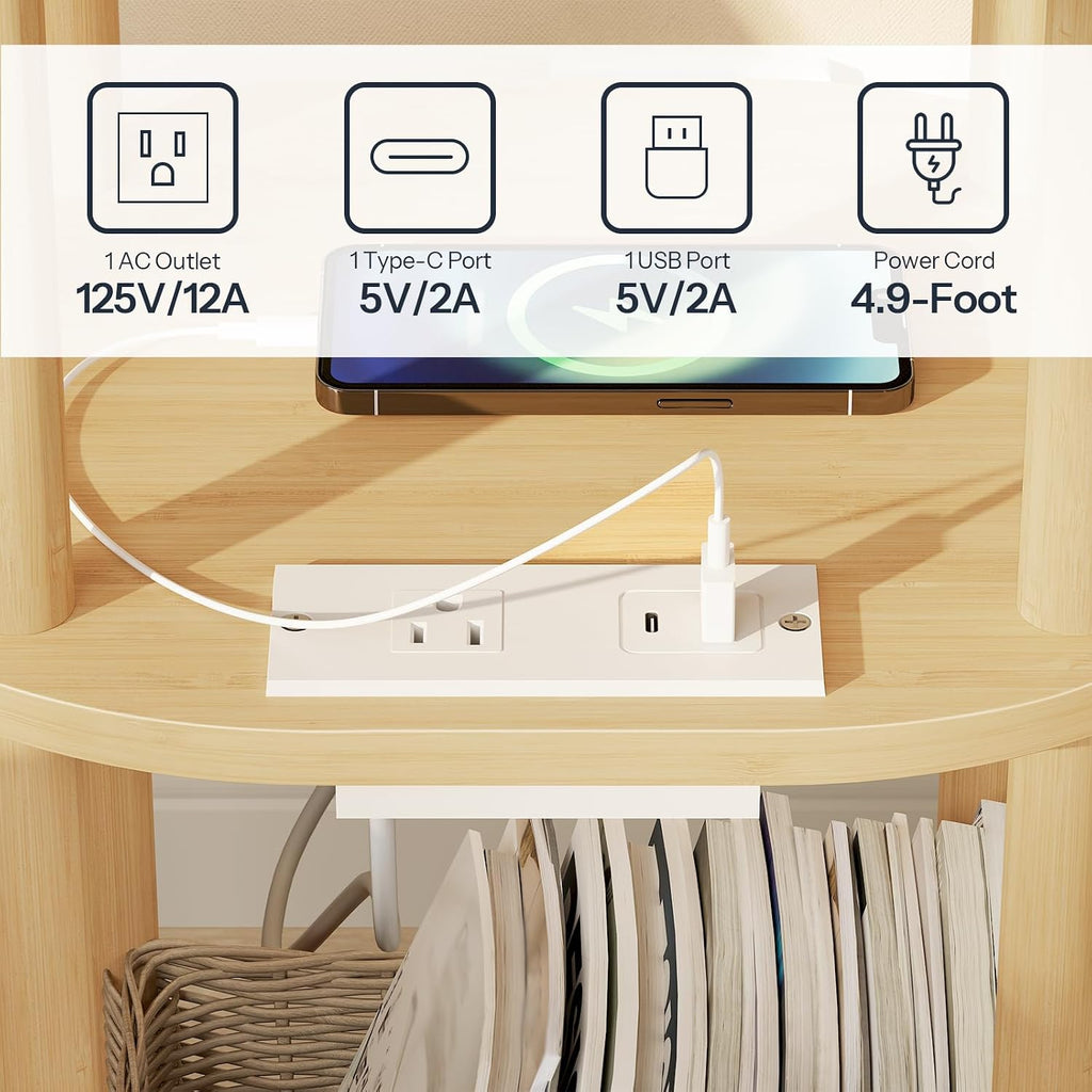 HOOBRO Small Side Table with Charging Station, Small End Table, 3-Tier Oval Bamboo Accent Table, Compact Sofa Bedside Table, for Living Room, Bedroom, Apartment, Natural YL177UBZ01