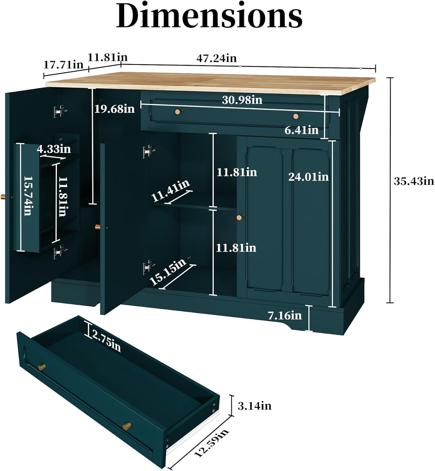 HLR Kitchen Island Cart with Storage, Carved Doors Modern Rolling Islands with Drop Leaf, Sideboard Buffet Cabinet on Wheels, Prep Table for Kitchen, Dining Room (Green)