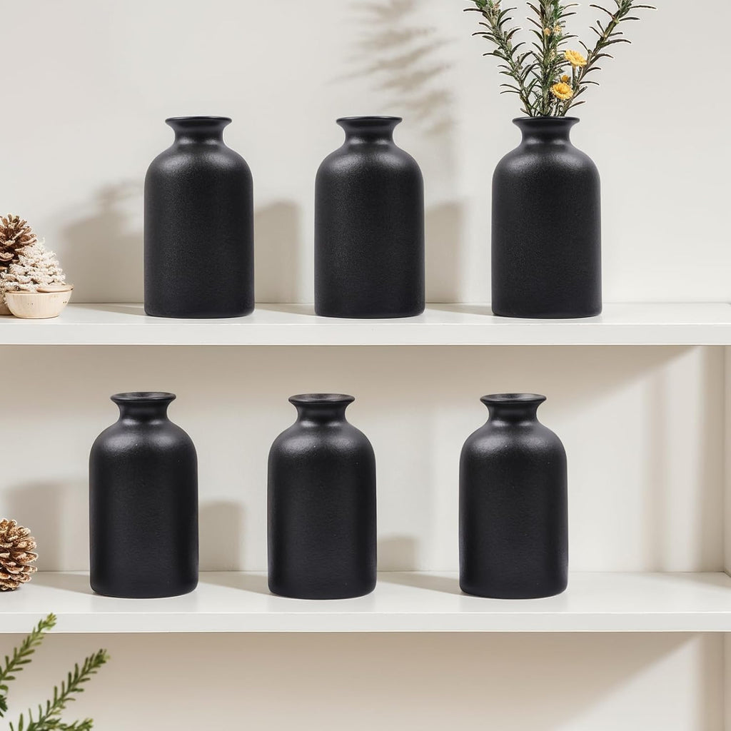 Black Ceramic Bud Vases Set of 6 – 5in Small Vases for Dry Flowers or House Plants, Modern Boho Decorative Vases for Wedding, Home, Table Centerpieces, Mantel or Office Decor