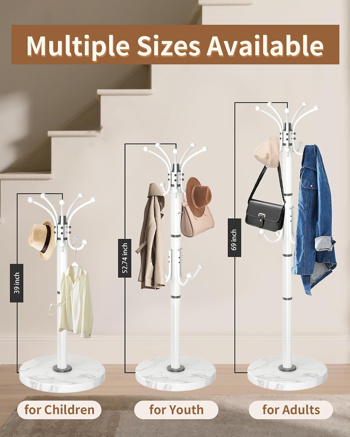 EZIVIEZ Modern Coat Rack Stand, 360° Rotary Metal Freestanding Coat Rack with Natural Marble Base, Black Coat Racks and Coat Hanger Tree Jacket Stand with 14 Hooks for Office, Entryway, Hallway