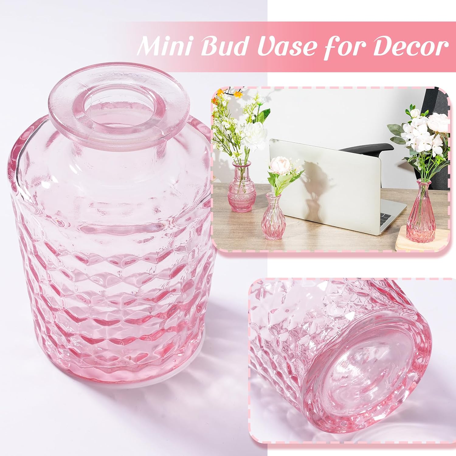 Inbagi 20 Pcs Glass Bud Vase Set - Pink Small Flower Vases Bulk, Vintage Embossed Decorative Bottles for Wedding Valentine Home Table Centerpieces Decor