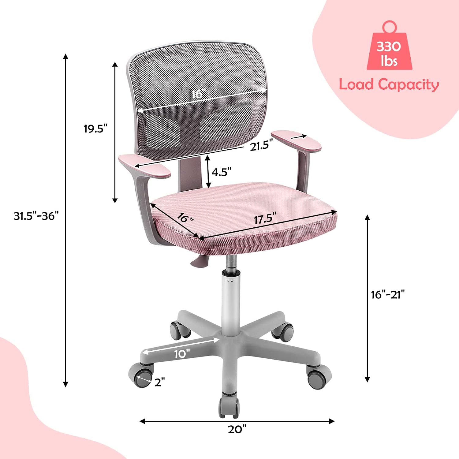 HONEY JOY Kids Desk Chair, Height Adjustable Children Study Chair, Swivel Mesh Task Student Chair, Universal Casters, Child Computer Desk Chair for Boys Girls Age 3-10 (Pink)