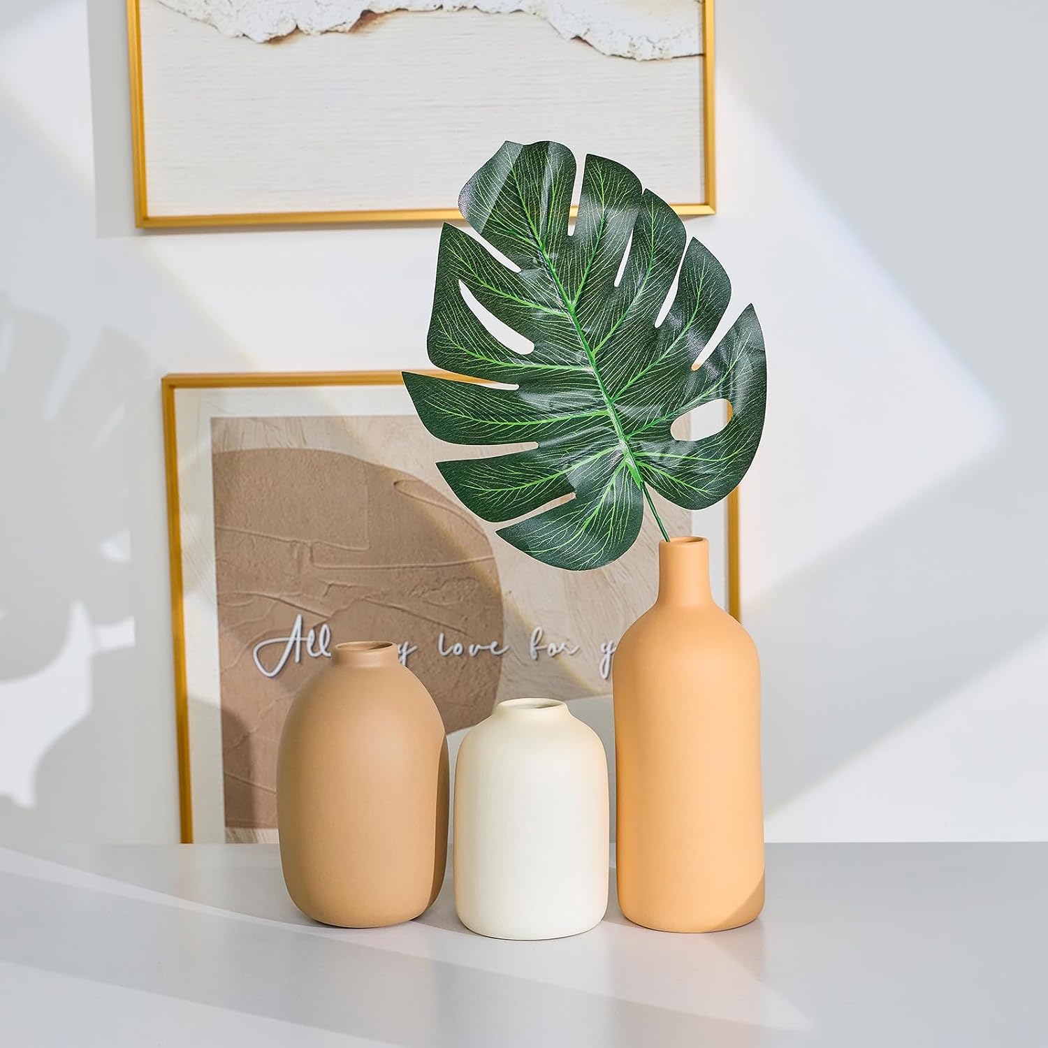 Ceramic Vase Set of 3,Neutral Modern Vases for Bouquet Pampas Grass Dried Fresh Flowers,Rustic Home Decor for Living Room,Bedroom Entryway(Beige)