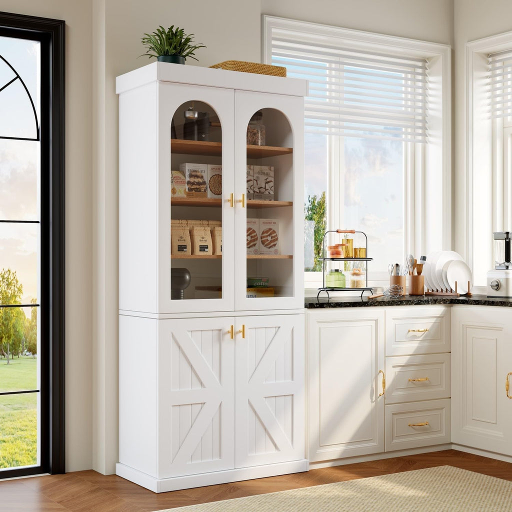 Farmhouse Kitchen Pantry Cabinet Set of 3, 71-Inch Tall Wood Hutch with Glass Doors, Adjustable Shelves & Large Storage, Versatile Cabinet for Dining Room, Living Room, White