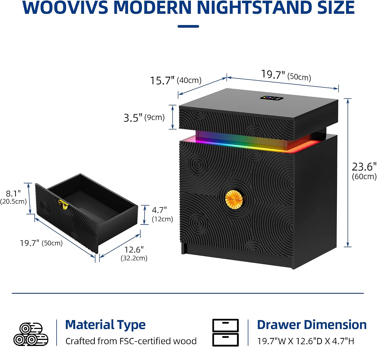 WOOVIVS Bedside Table with 2 Drawers and Sliding Top, RGB Color Changing Lights Sync with Music Rhythm, Lockable Night Stand with Secure Hidden Storage for Bedroom(Black)