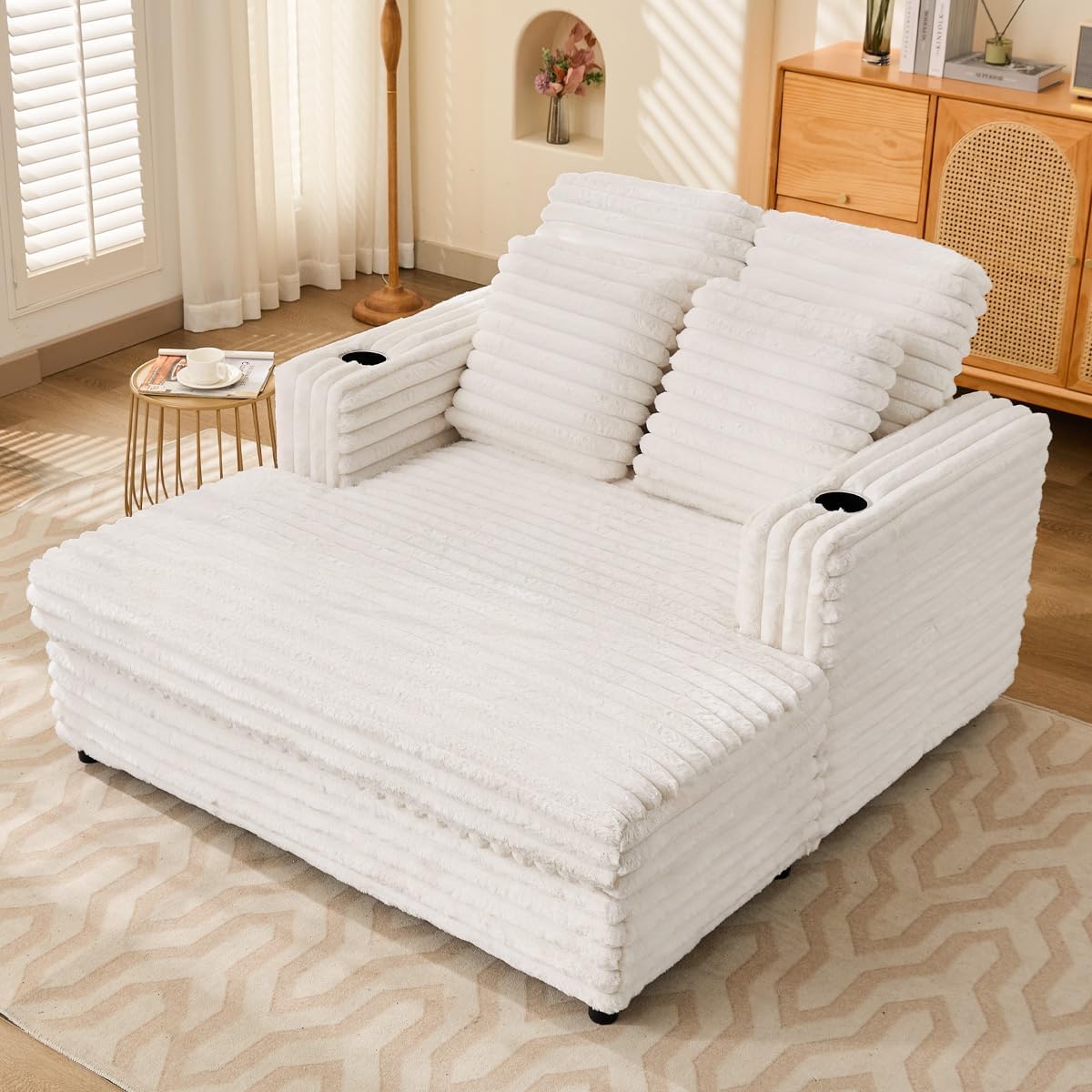 66'' Oversized Chaise Lounge Chair Soft Velvet Upholstery for Living Room, Chaise Lounge Chair Includes Cup Holders Side Pockets and USB & Type-C Charging Ports, Comfy Lounge with Sturdy Backrest