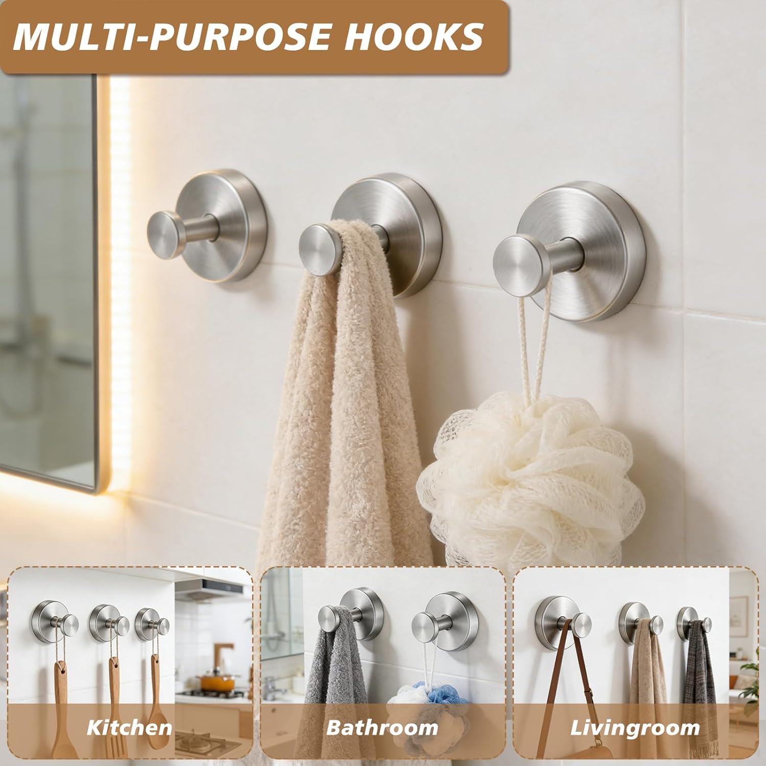 Suction Cup Hooks, Removable Shower Hooks, 4-Pack, Brushed Nickel | No Wall Damage | Strong Hold on Tile, Mirrors & Glass | Bathroom & Kitchen Use | Perfect for Towels, Loofahs, Robes & Coats