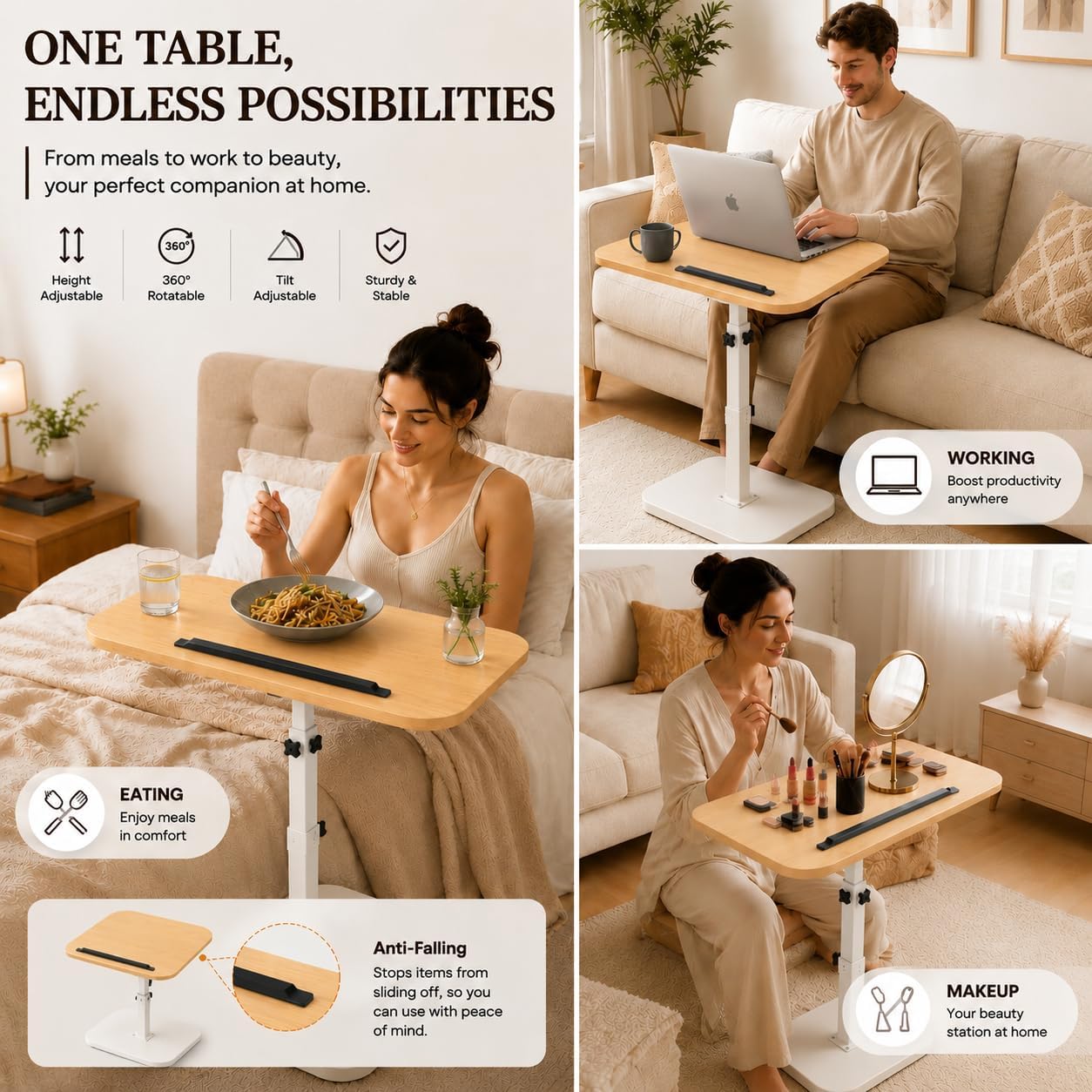 Adjustable C Table End Table, Height Adjustable 360° Swivel TV Tray Table for Small Spaces, Sofa Bedside Laptop Side Table that Slides Under Couch, Living Room & Bedroom (Natural Wood/White)