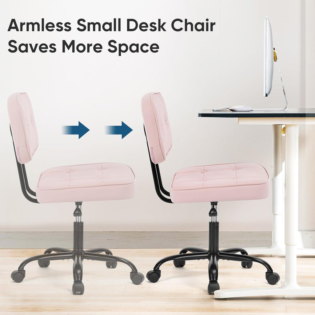 DUMOS Home Office Desk Chair - Ergonomic Armless PU Leather Computer Rolling Task Chair，with Comfy Lumbar Support and Height Adjustable, 360° Swivel, Vanity, Bedroom, Pink
