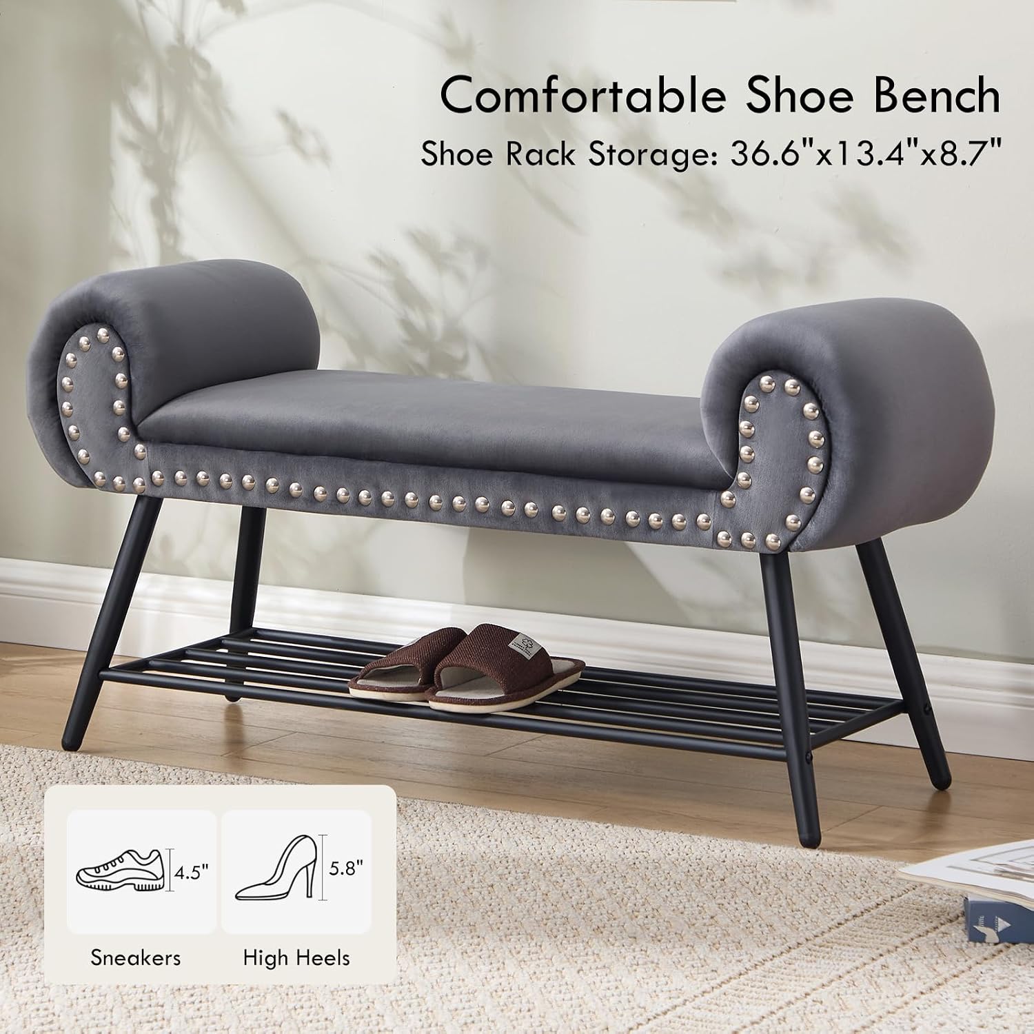 45" Velvet Entryway Bench with Shoe Storage Shelf, Grey | Upholstered bench with rolled arms, nailhead trim, padded seat and metal shelf for shoes, 1 seater, for hallway or bedroom