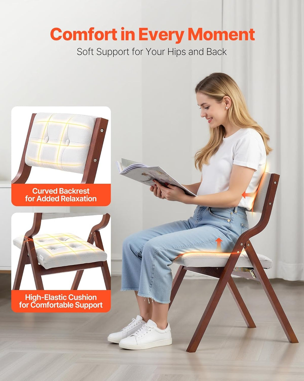 VEVOR Wooden Folding Chairs with Cushion, Set of 2, Portable Foldable Cushion Chair with Wooden Frame, Modern Padded Dining Chair for Kitchen, Office, Wedding, Party, Dining Room, Easy Assembly, White