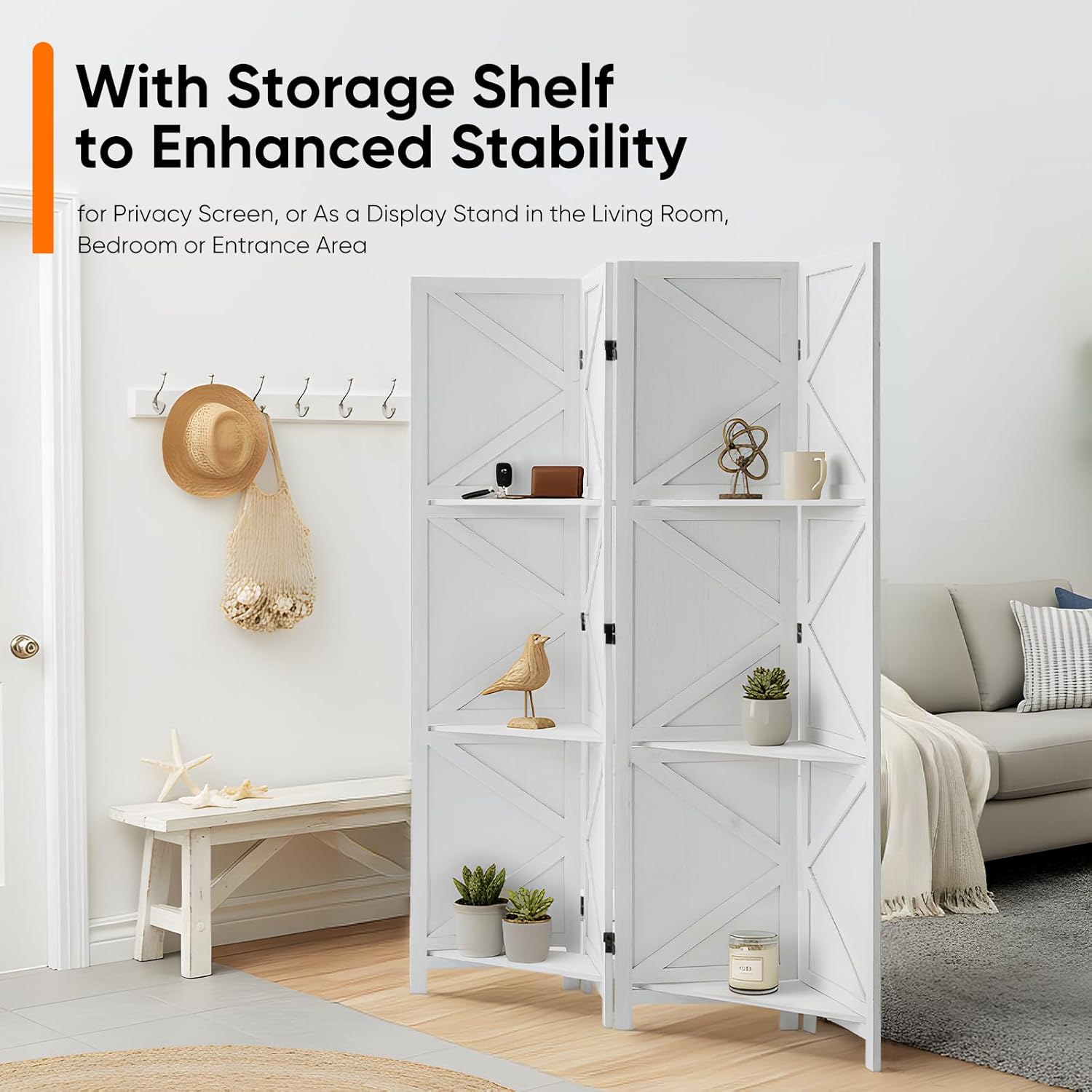 Modern Room Divider with Shelves, White X-Shape Design Folding Partition, 8-Panel Contemporary Freestanding Divider for Bedroom&Office, 67" H x 125.6" W(Two Independent 4-Panel partitions)